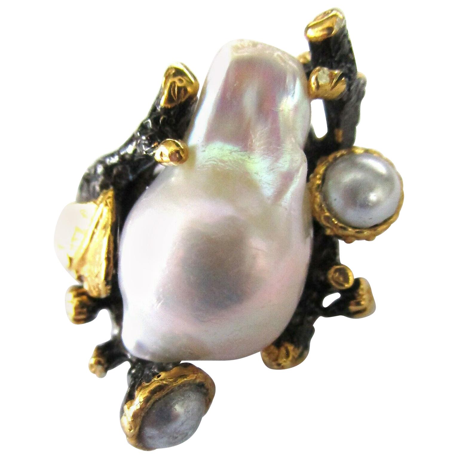 Custom Made Genuine Pearl Sterling Silver and Gilt Silver Artisan Ring 