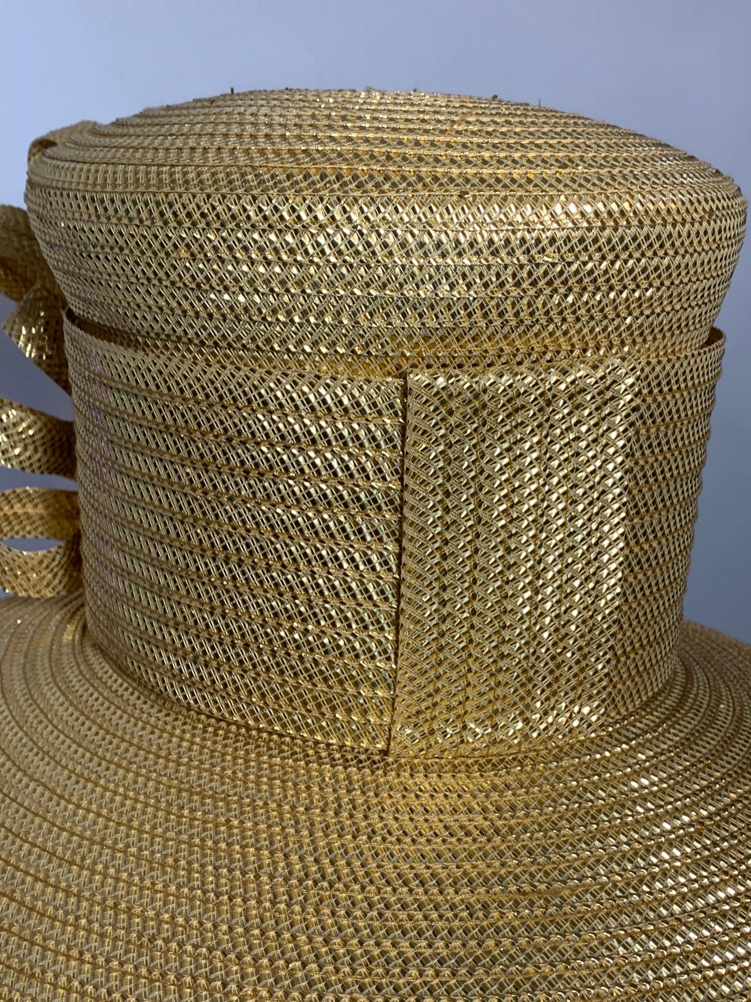 Custom Made Gleaming Gold Large Brimmed Straw Hat w High Crown & Straw Cockade For Sale 6