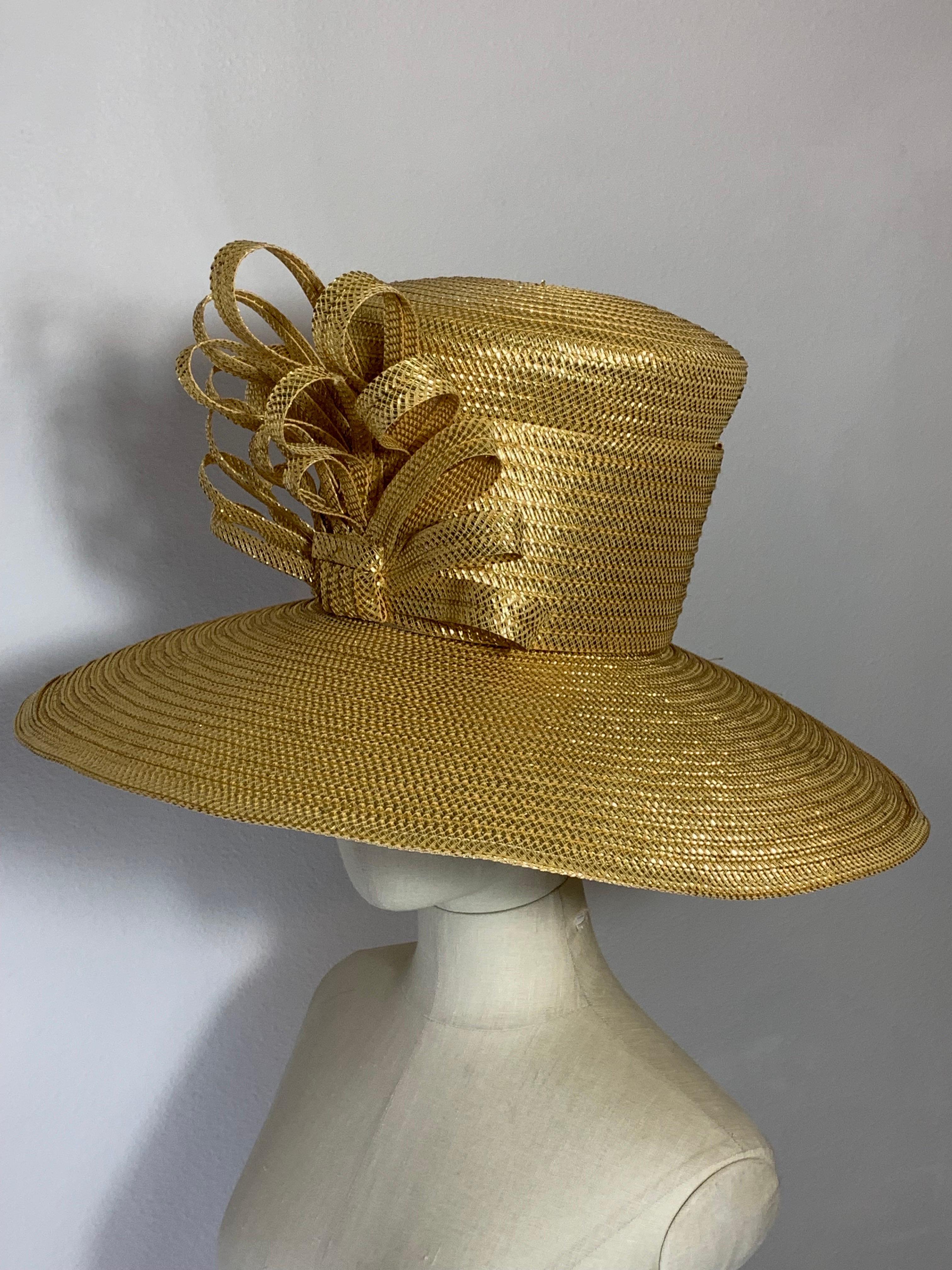 Custom Made Gleaming Gold Large Brimmed Straw Hat w High Crown & Straw Cockade For Sale 7