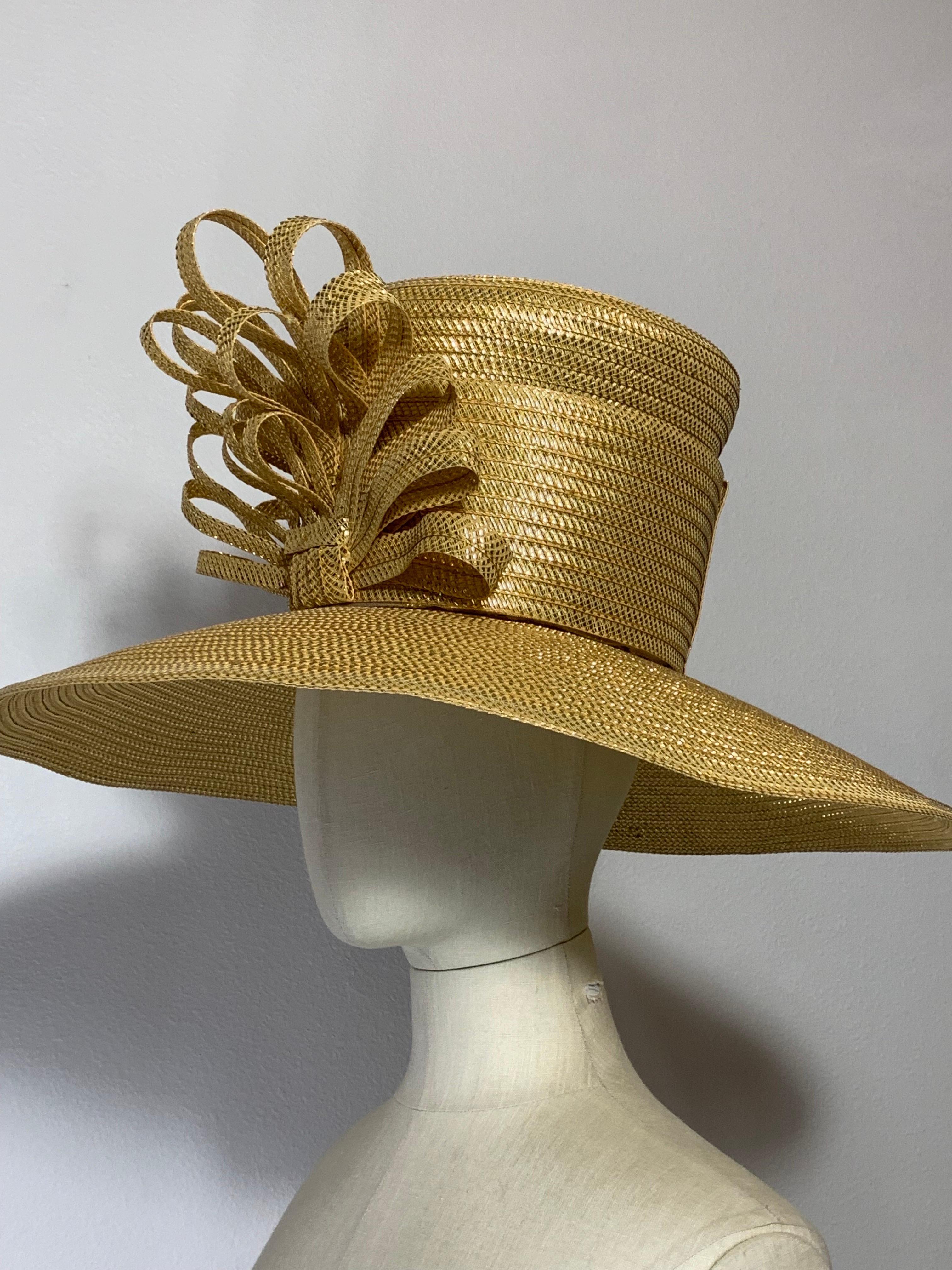 Custom Made Gleaming Gold Large Brimmed Straw Hat w High Crown & Straw Cockade For Sale 8