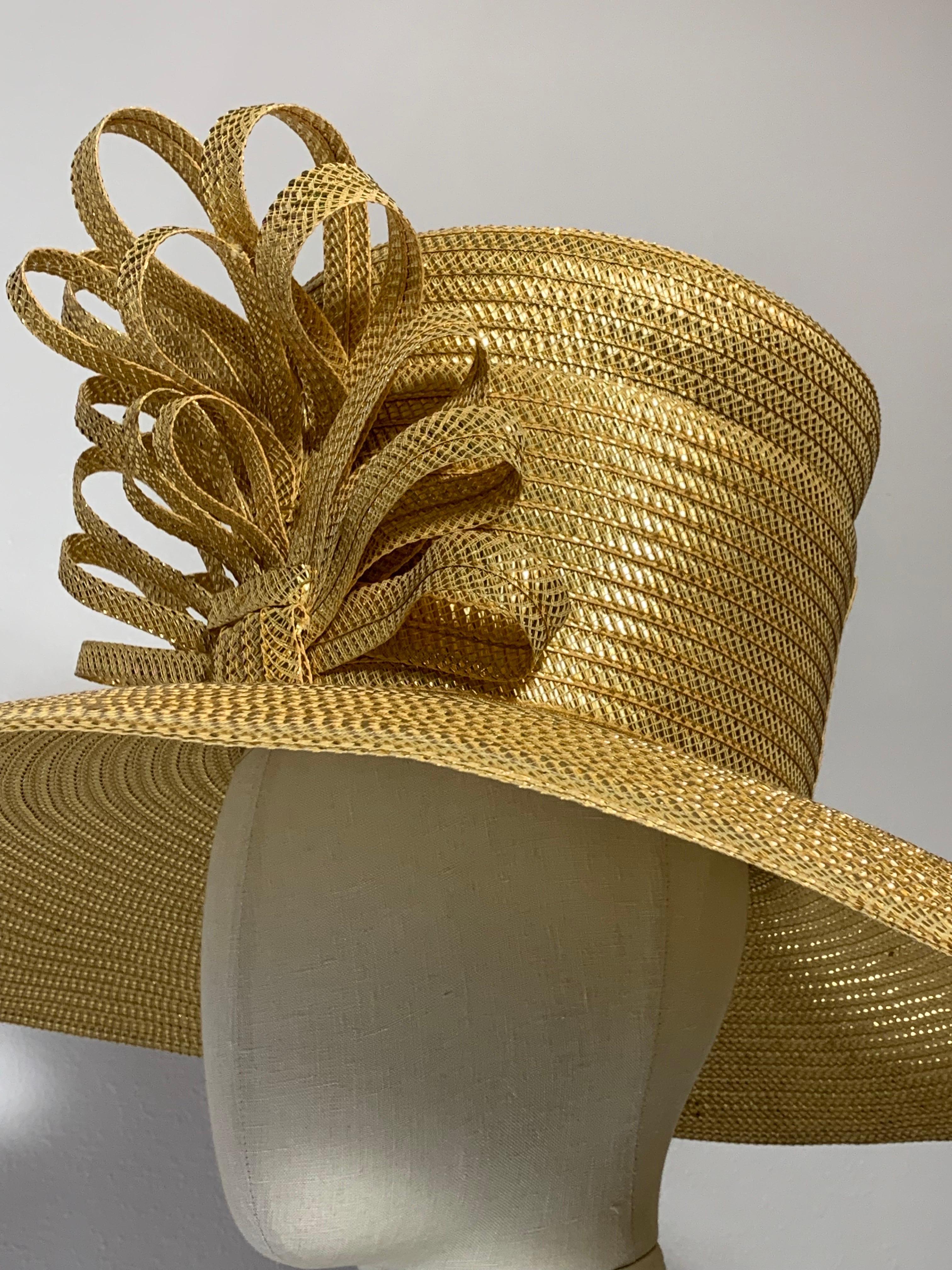 Custom Made Gleaming Gold Large Brimmed Straw Hat w High Crown & Straw Cockade For Sale 9