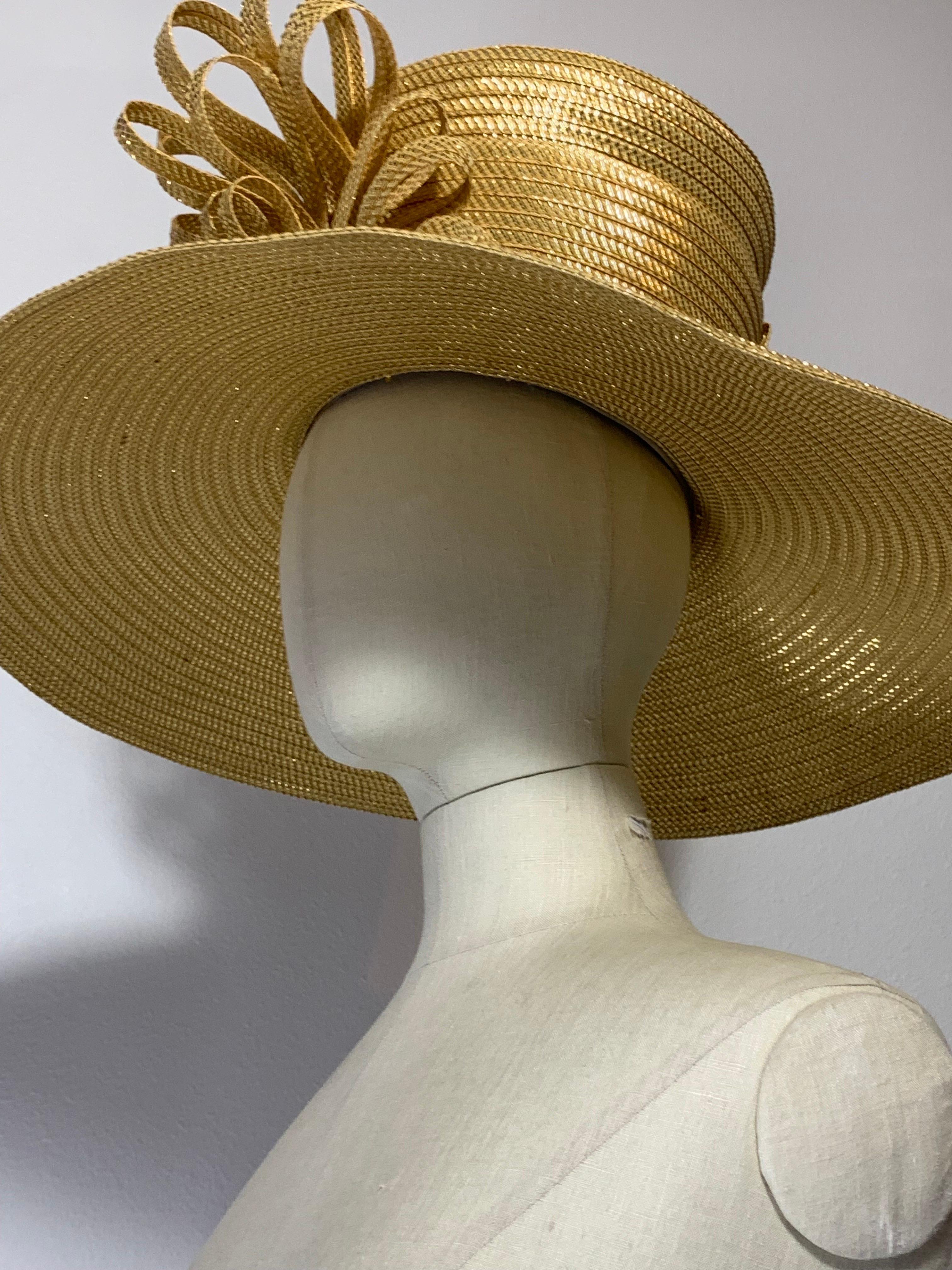Custom Made Gleaming Gold Large Brimmed Straw Hat w High Crown & Straw Cockade For Sale 10