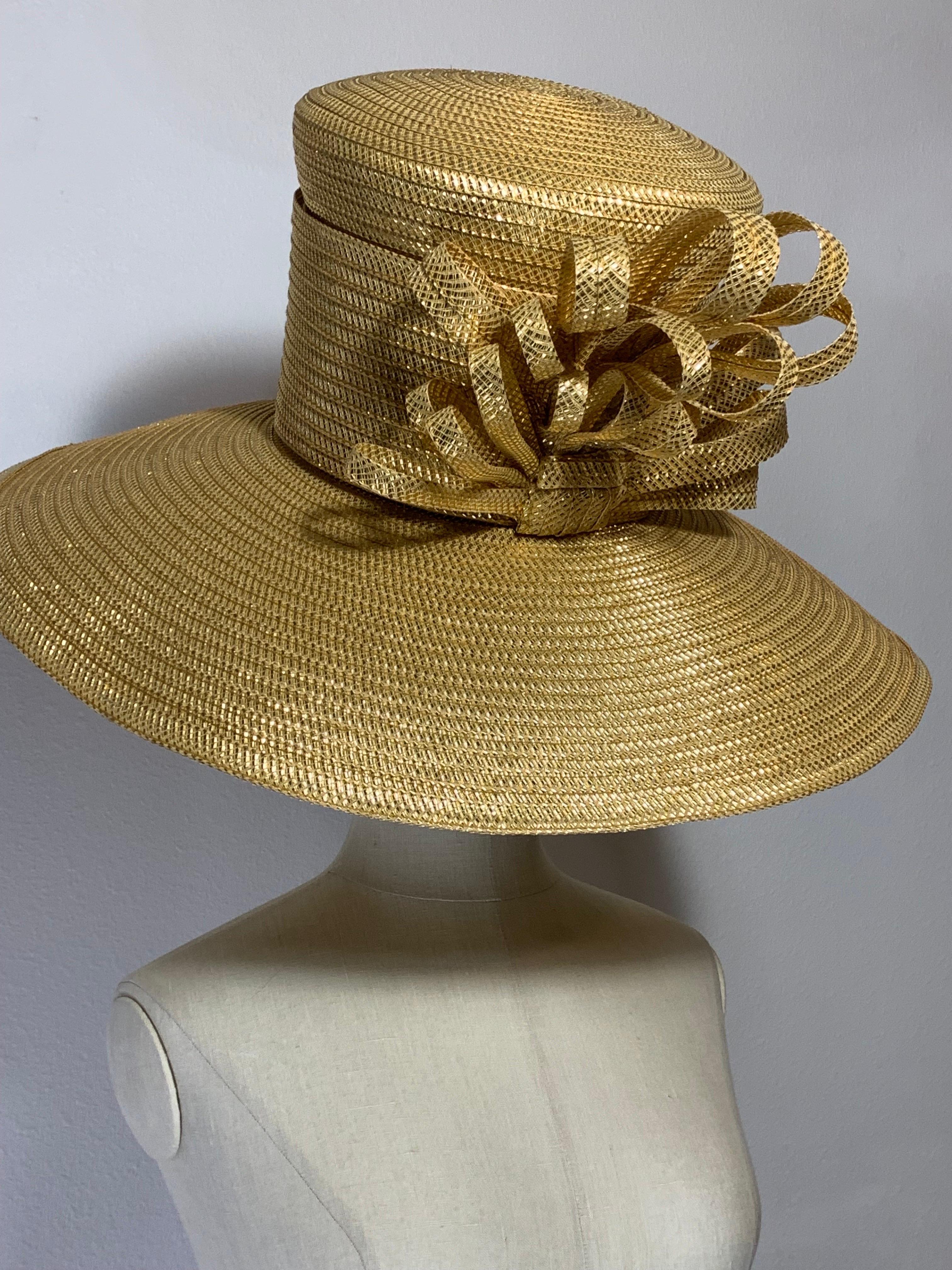Custom Made Gleaming Gold Large Brimmed Straw Hat w High Crown & Straw Cockade For Sale 11