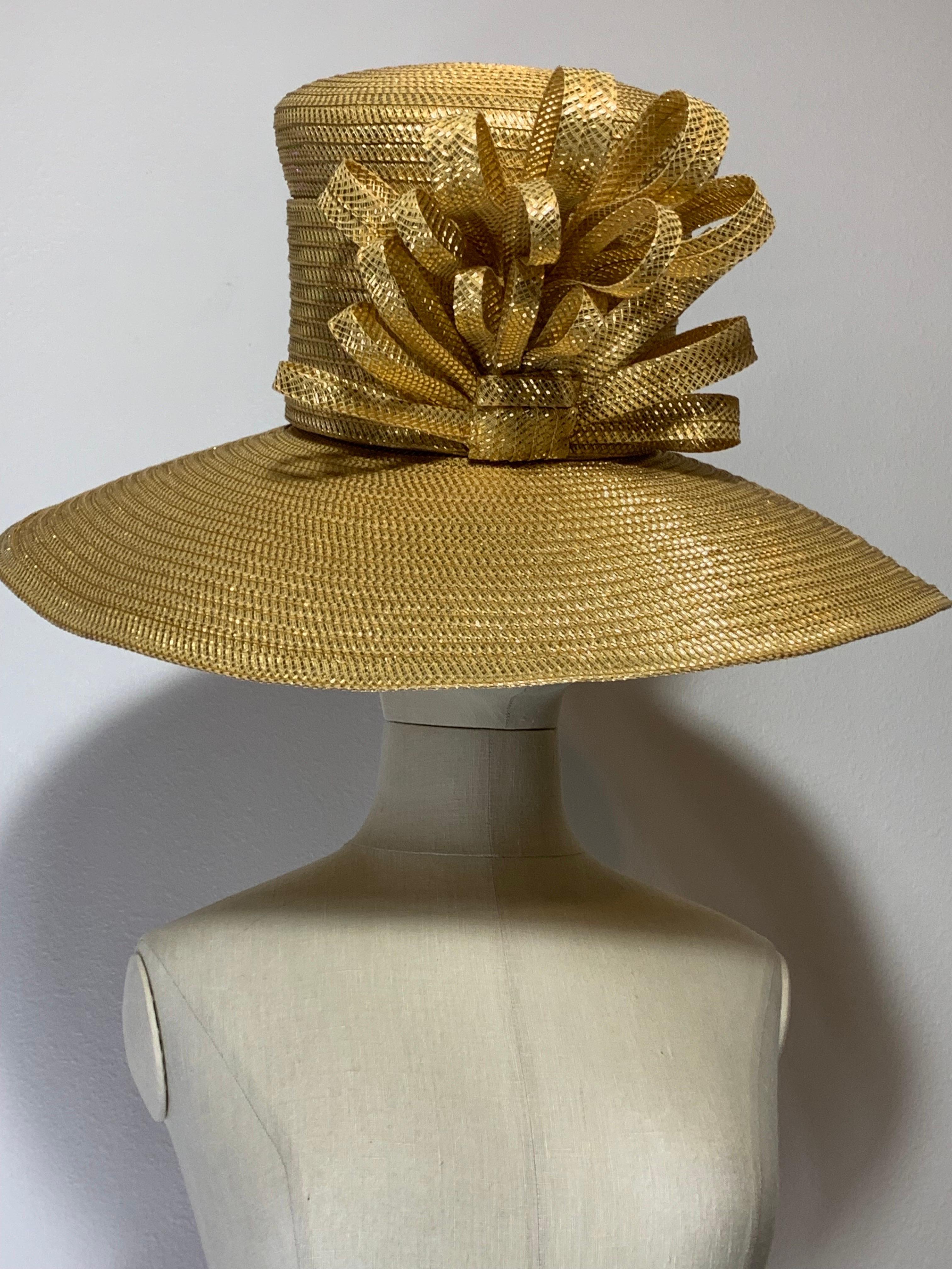 Custom Made Gleaming Gold Large Brimmed Straw Hat w High Crown & Straw Cockade For Sale 12
