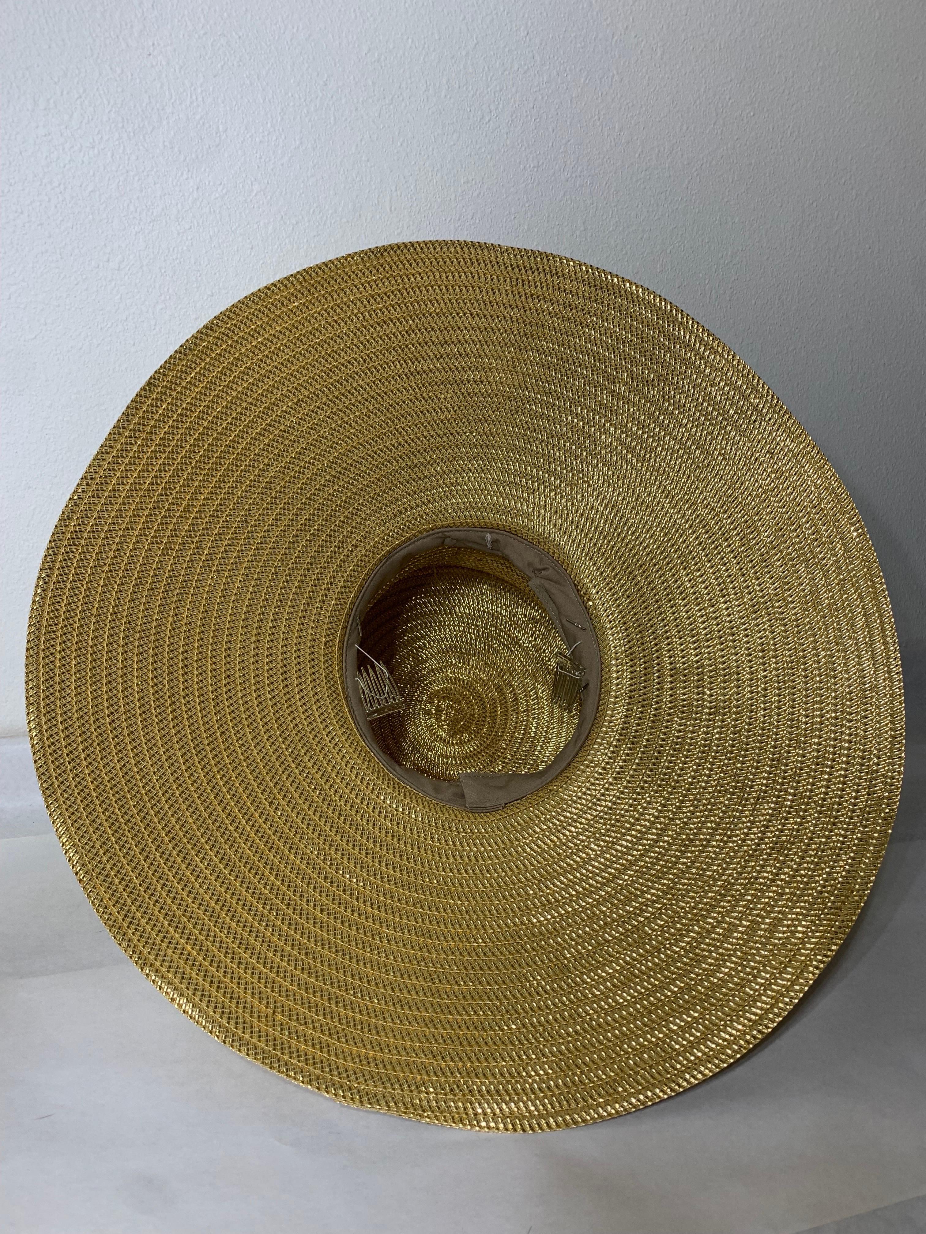 Custom Made Gleaming Gold Large Brimmed Straw Hat w High Crown & Straw Cockade For Sale 14