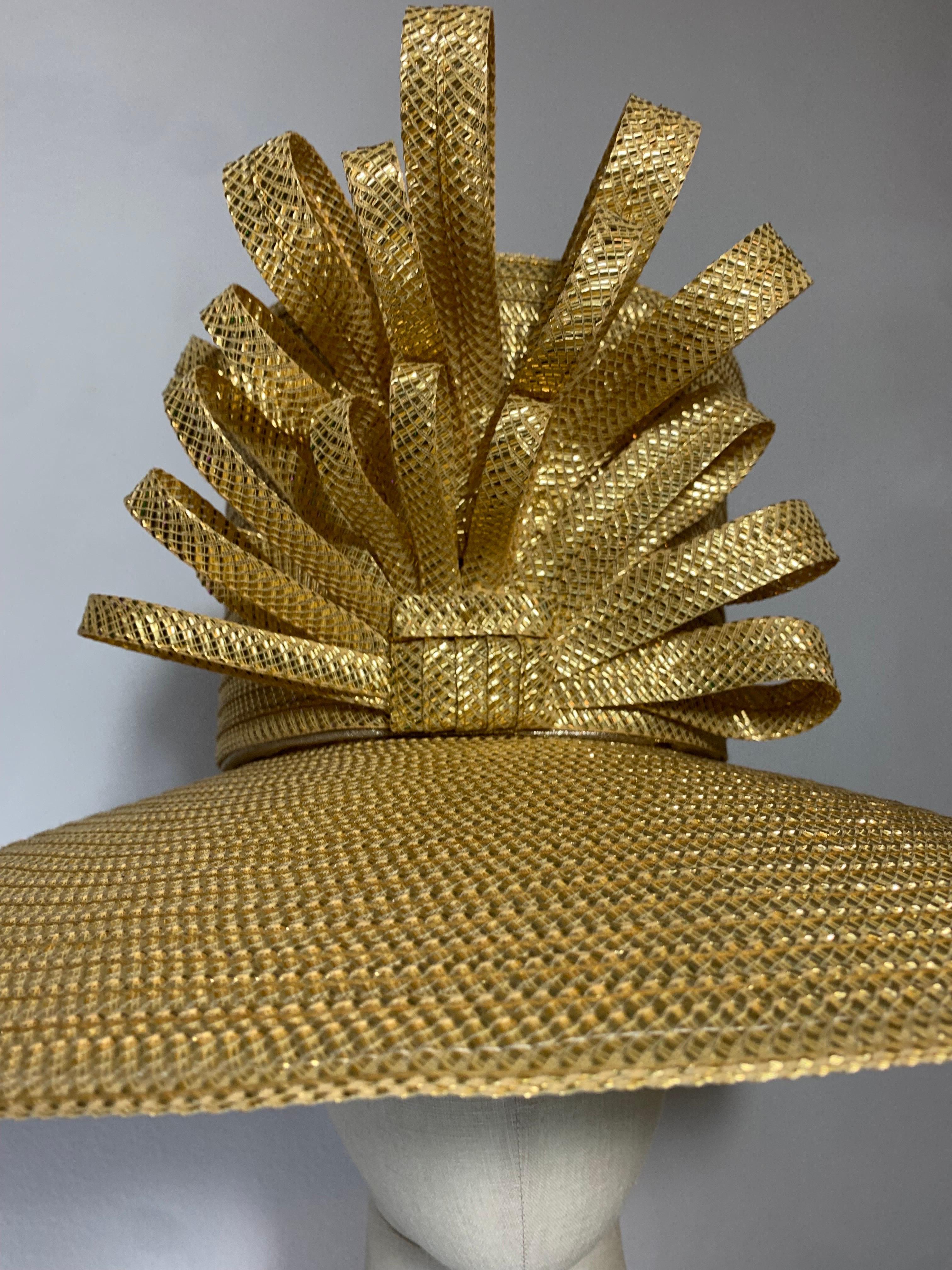 Custom Made Gleaming Gold Large Brimmed Straw Hat w High Crown & Straw Cockade In Excellent Condition For Sale In Gresham, OR