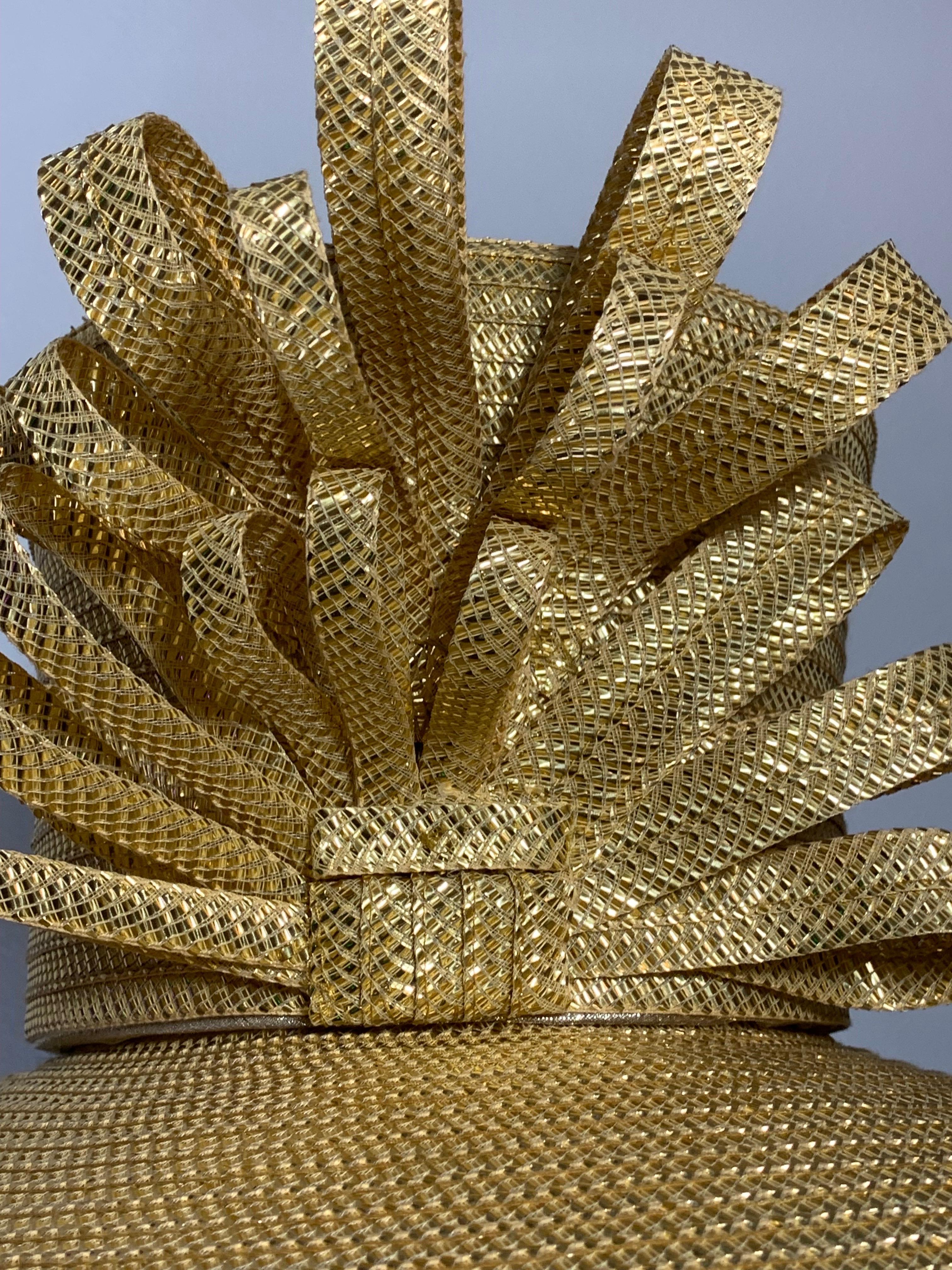 Women's Custom Made Gleaming Gold Large Brimmed Straw Hat w High Crown & Straw Cockade For Sale