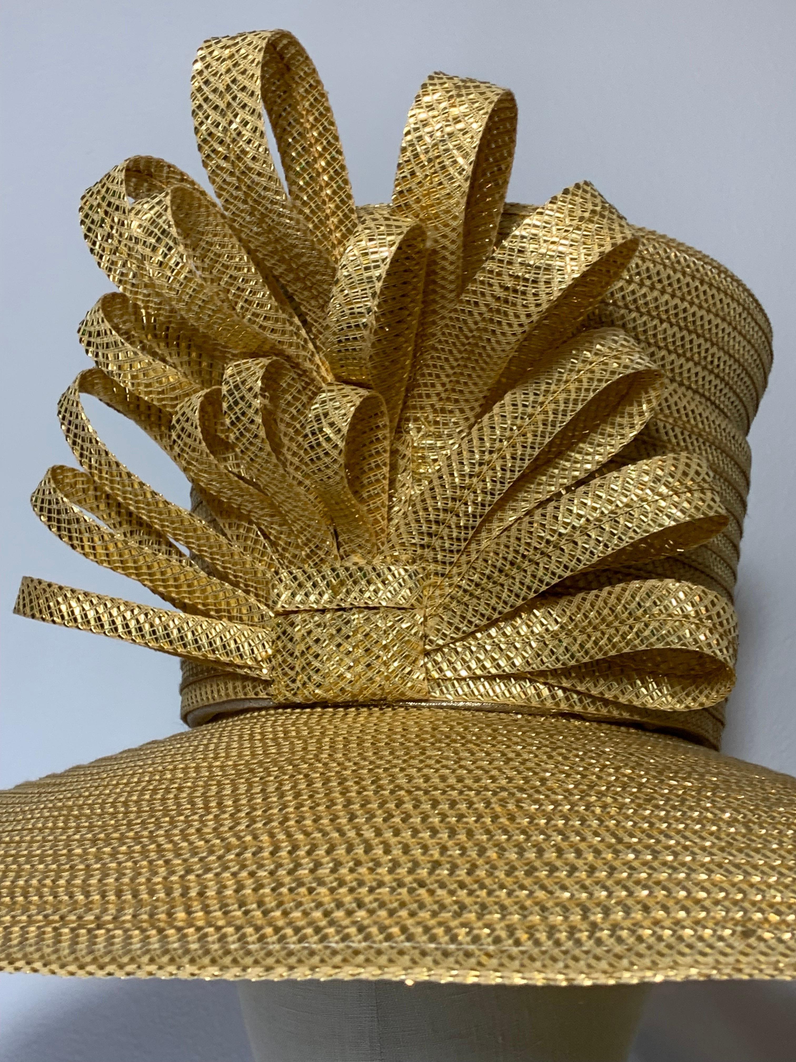 Custom Made Gleaming Gold Large Brimmed Straw Hat w High Crown & Straw Cockade For Sale 1