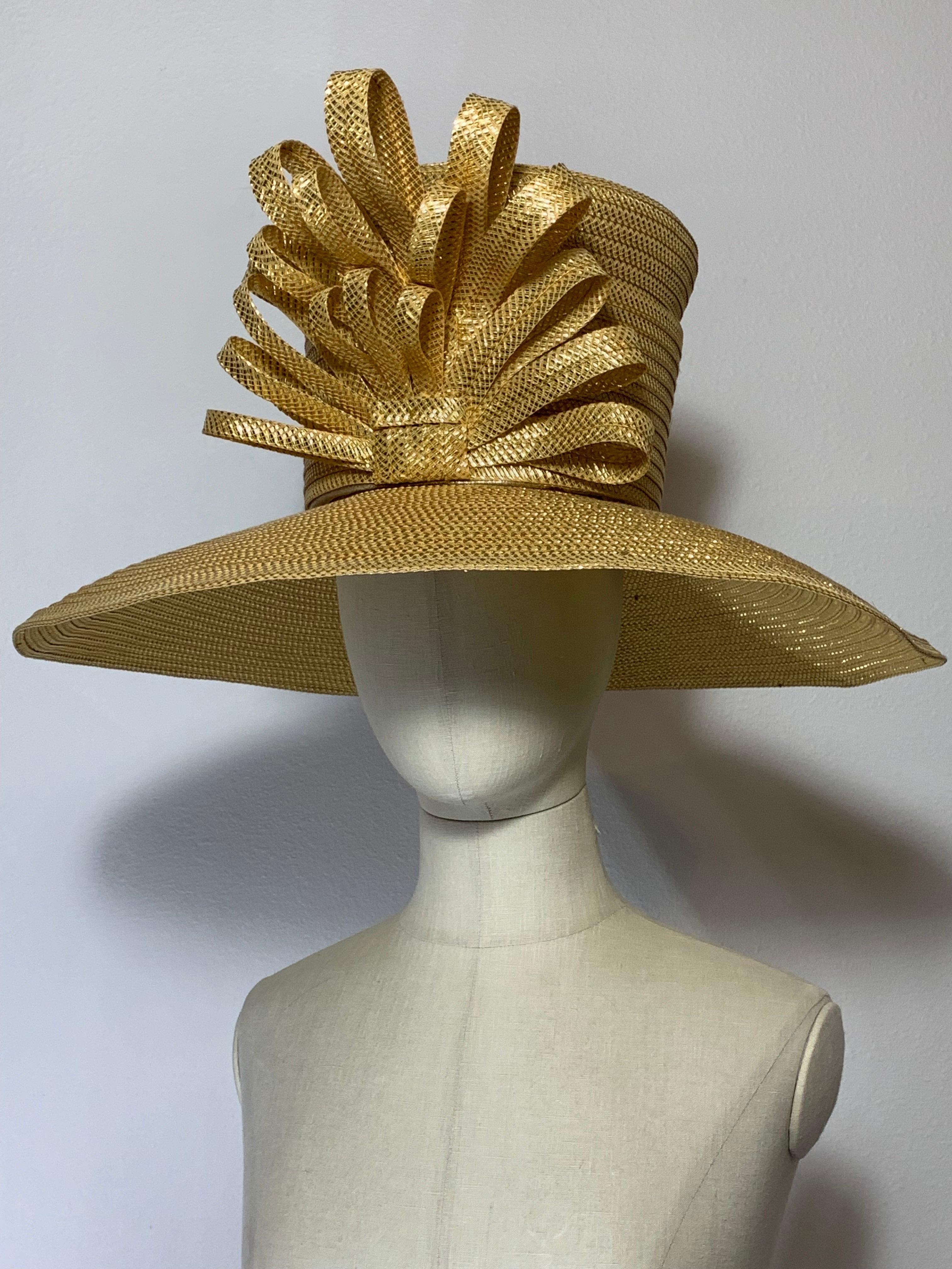 Custom Made Gleaming Gold Large Brimmed Straw Hat w High Crown & Straw Cockade For Sale 2