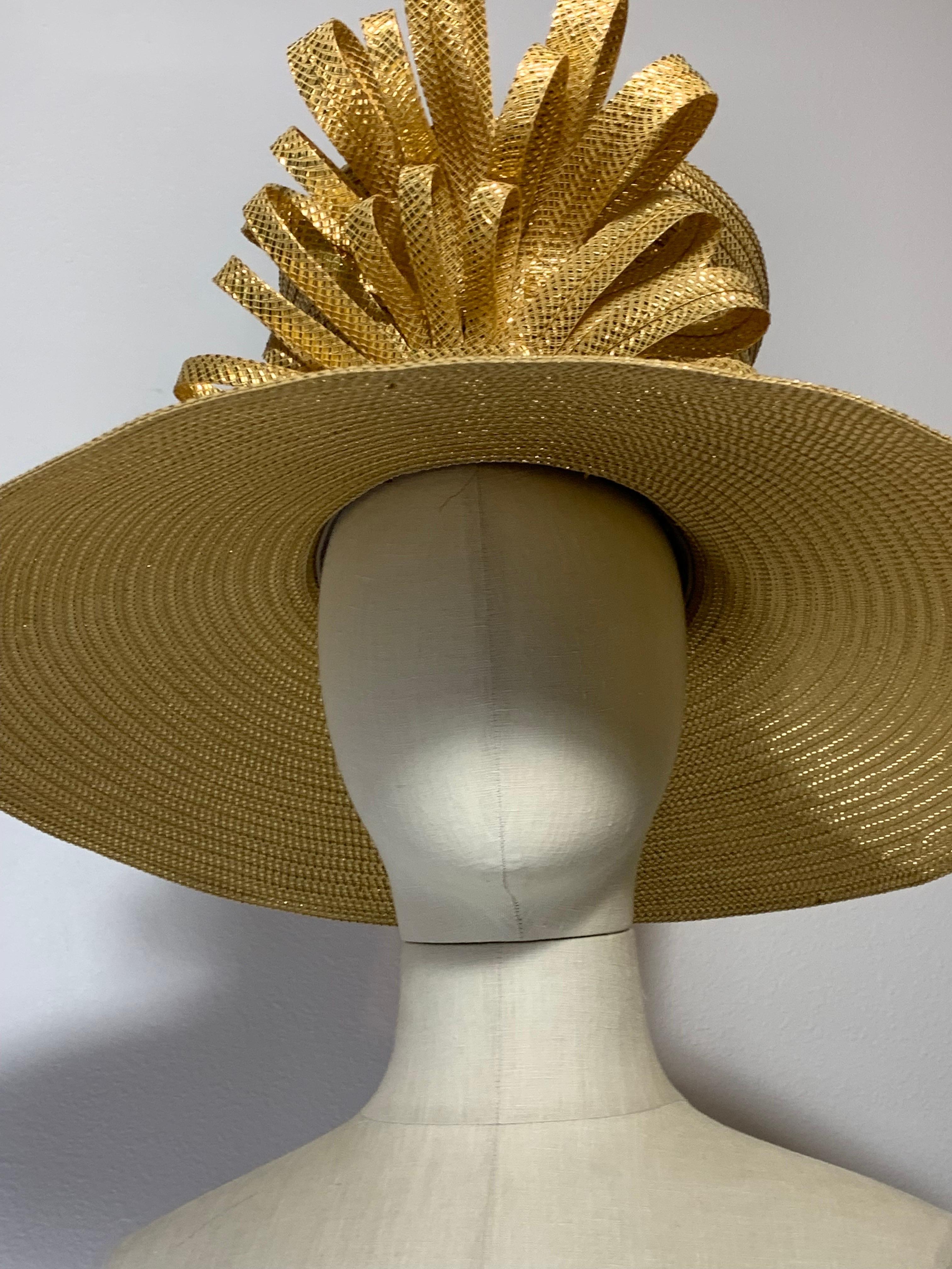 Custom Made Gleaming Gold Large Brimmed Straw Hat w High Crown & Straw Cockade For Sale 3