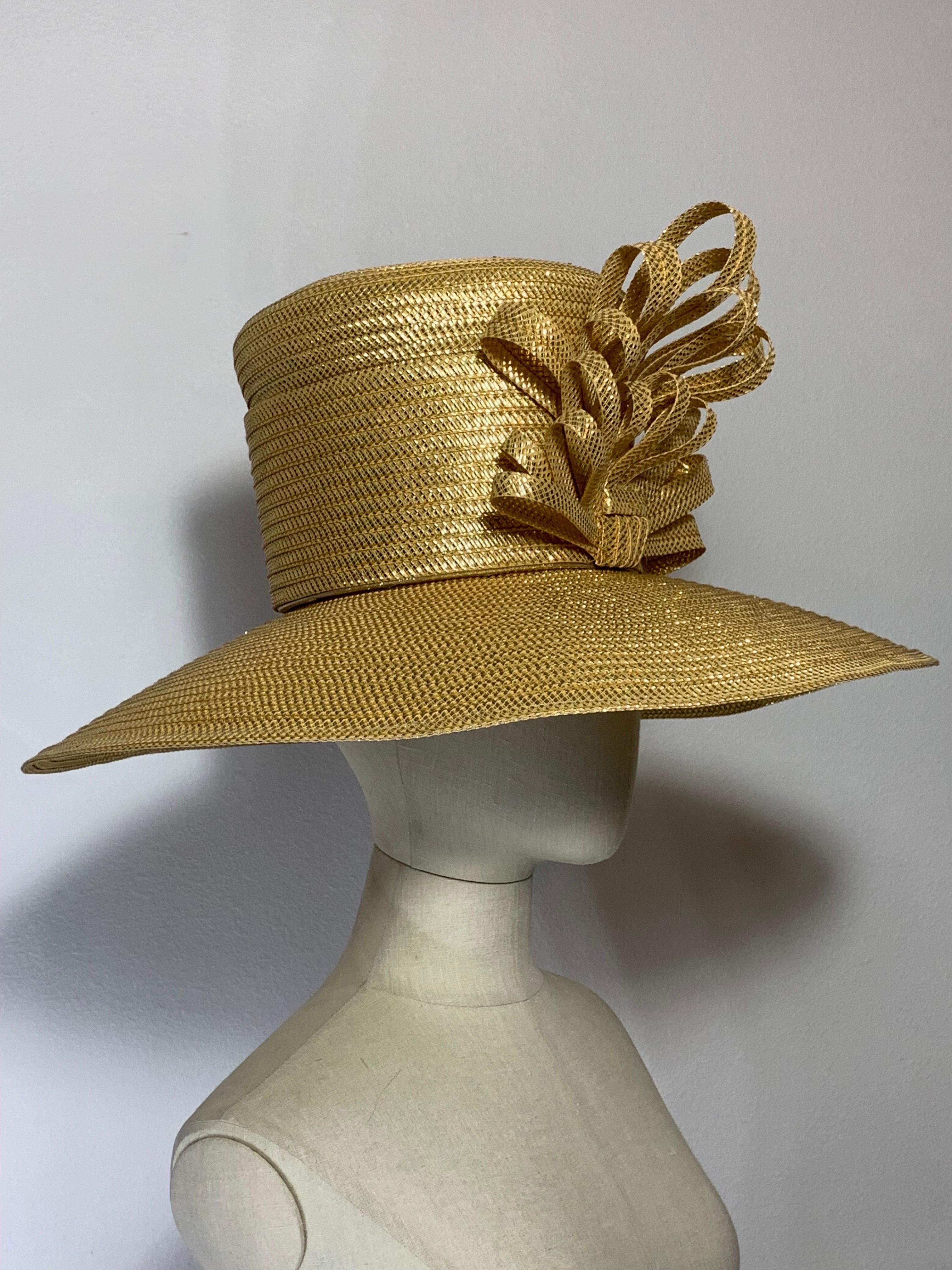 Custom Made Gleaming Gold Large Brimmed Straw Hat w High Crown & Straw Cockade For Sale 4