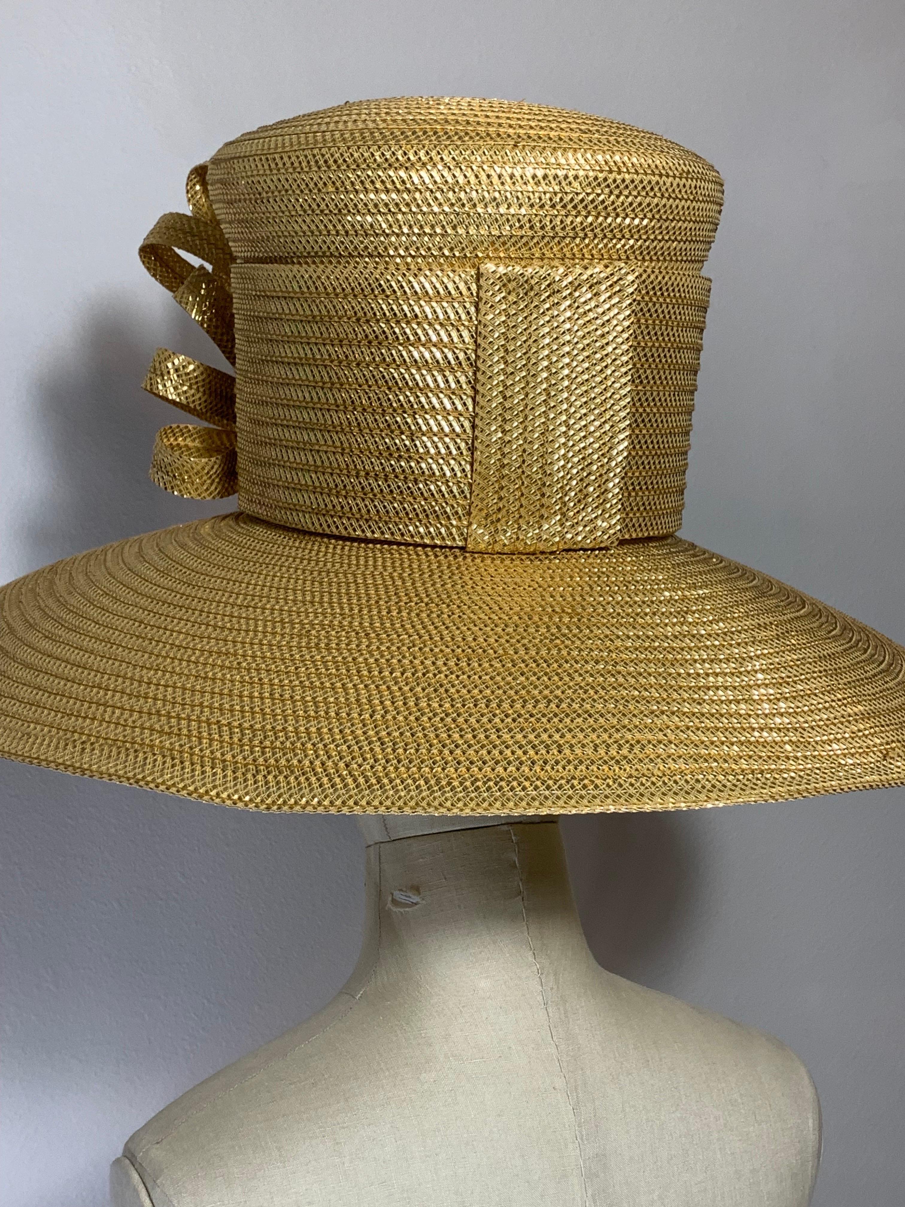 Custom Made Gleaming Gold Large Brimmed Straw Hat w High Crown & Straw Cockade For Sale 5