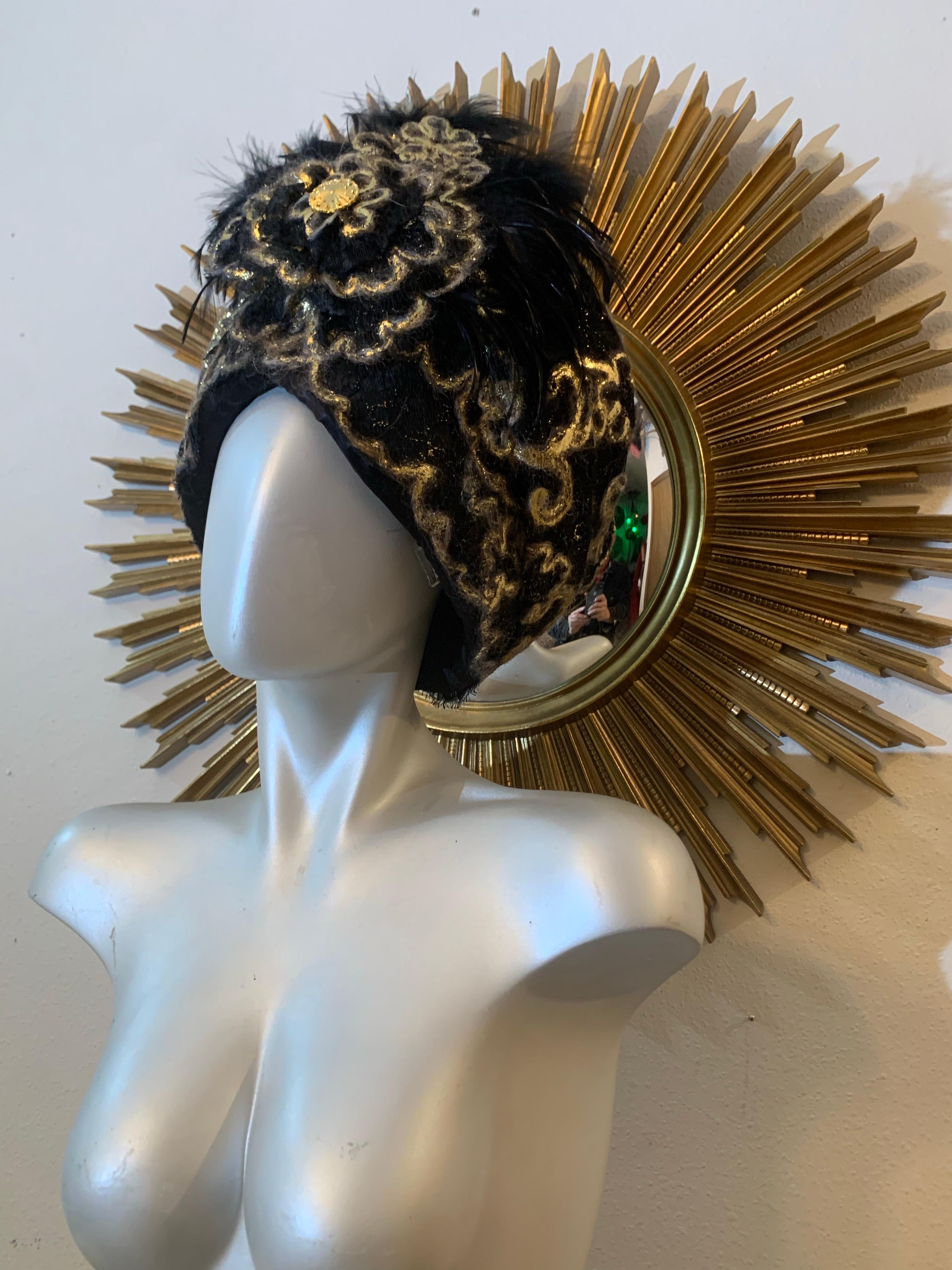 CUSTOM MADE Gold Lame & Schwarz Mohair Boucle Turban mit Feder Spray & Hut Pin im Angebot 13