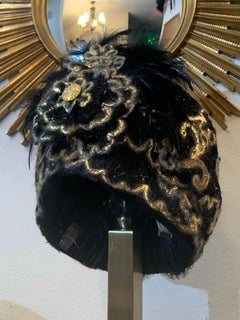 Custom-Made Gold Lame & Black Mohair Boucle Turban w Feather Spray & Hat Pin