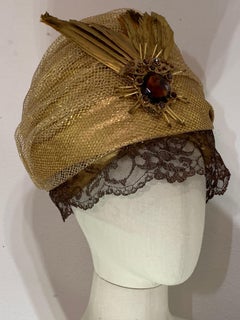 Custom-Made Gold Lamé & Net Turban w Bronze Lace Veil & Painted Feather Brooch