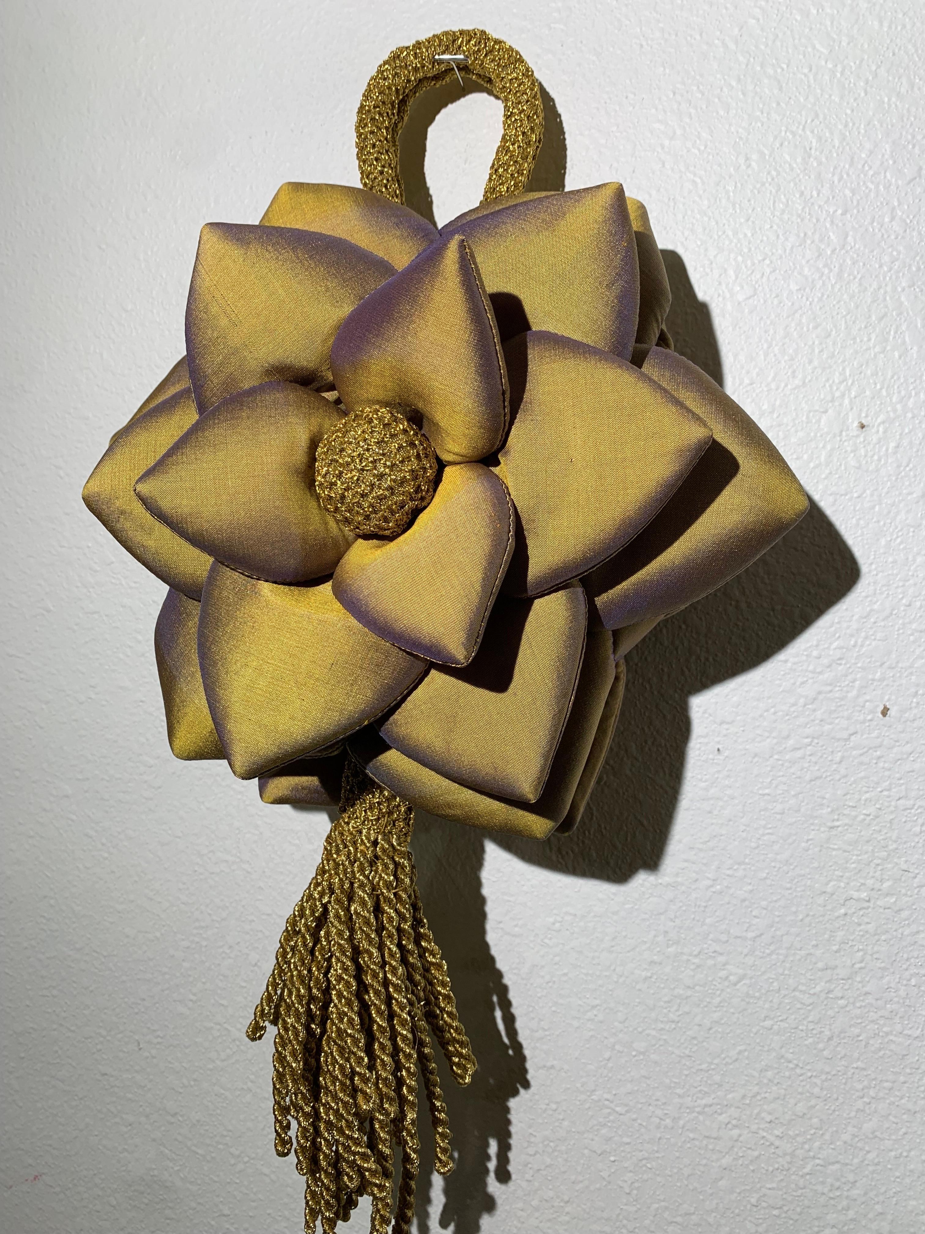 Custom-Made Gold/Purple Shimmery Silk Organza 3-Dimensional Floral Handbag w Tassel:  A whimsical puffy 3-D floral blossom handbag with braided gold loop double handle and tassel at bottom. Snap top closure. Inner compartment measures 5