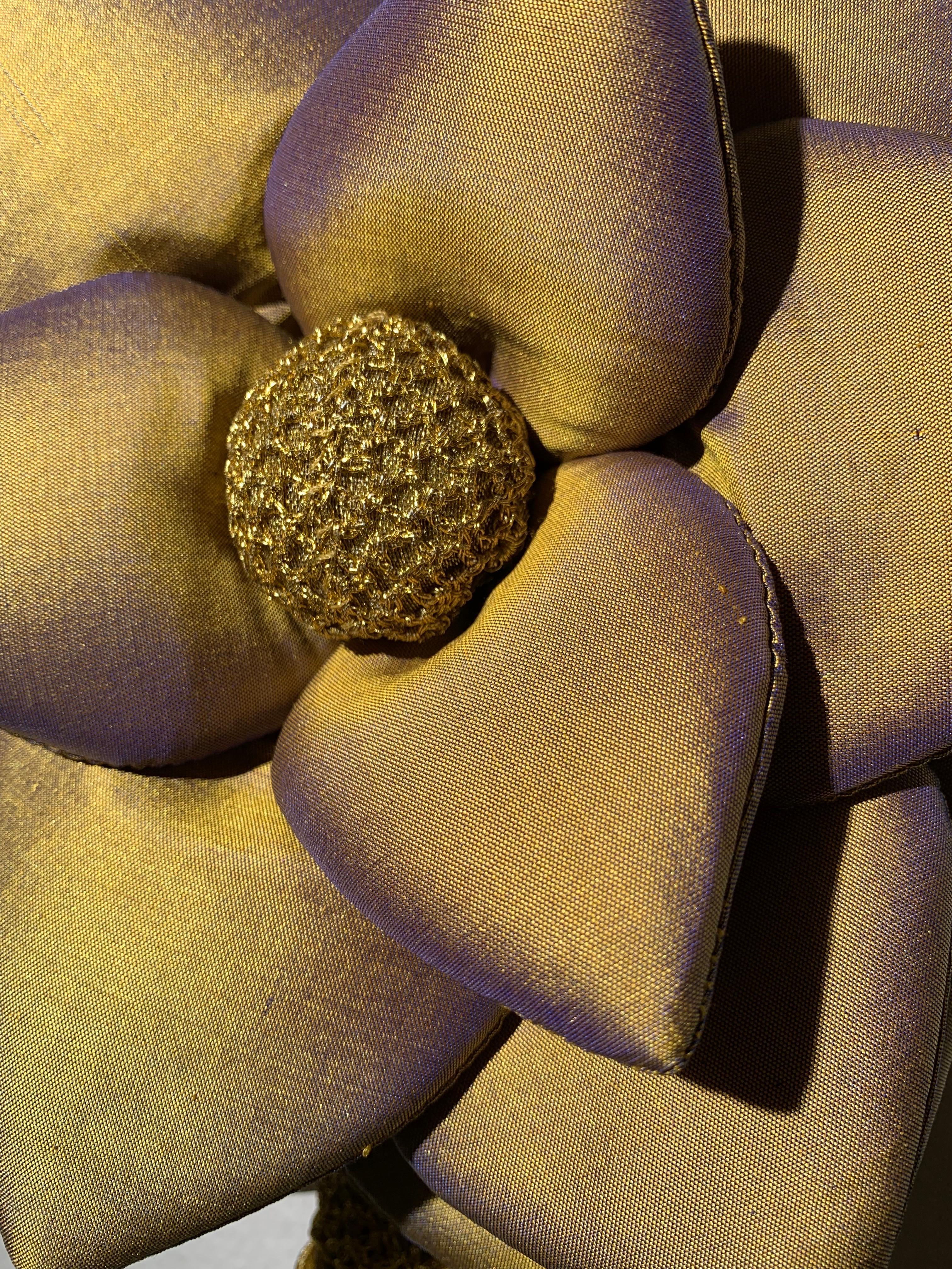Brown Custom-Made Gold/Purple Shimmery Silk 3-Dimensional Floral Handbag w Tassel For Sale