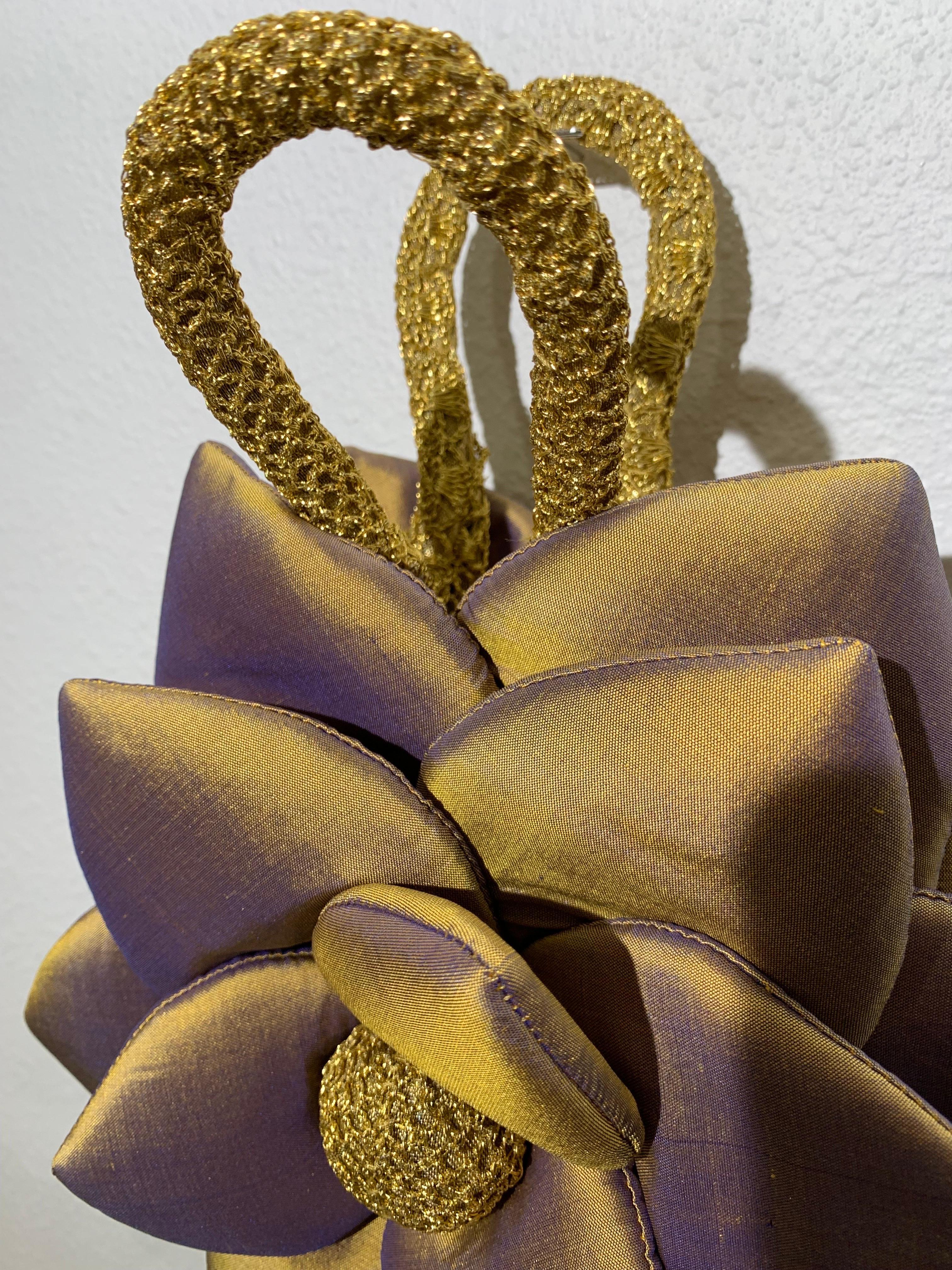Women's Custom-Made Gold/Purple Shimmery Silk 3-Dimensional Floral Handbag w Tassel For Sale