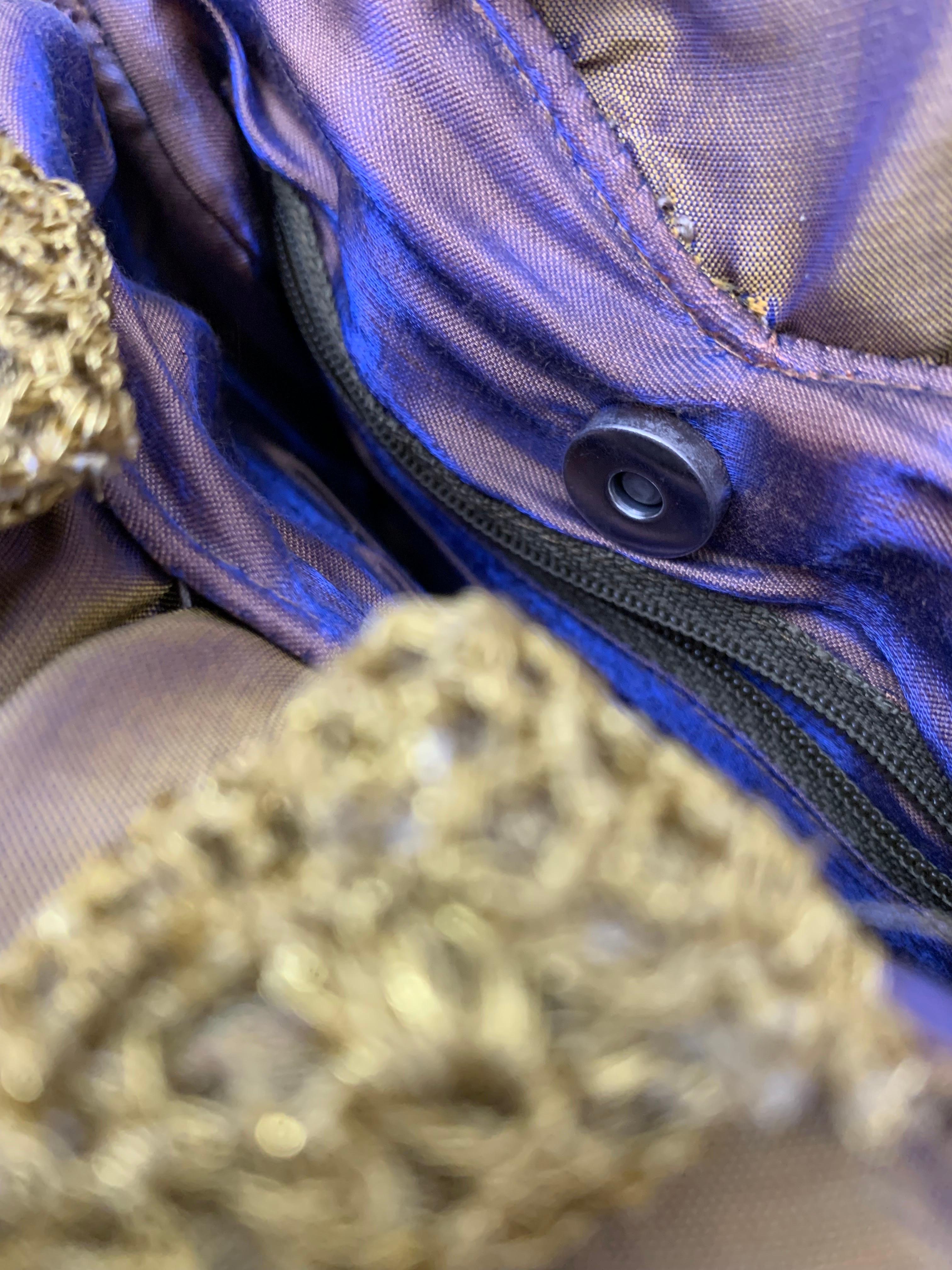 Custom-Made Gold/Purple Shimmery Silk 3-Dimensional Floral Handbag w Tassel For Sale 1