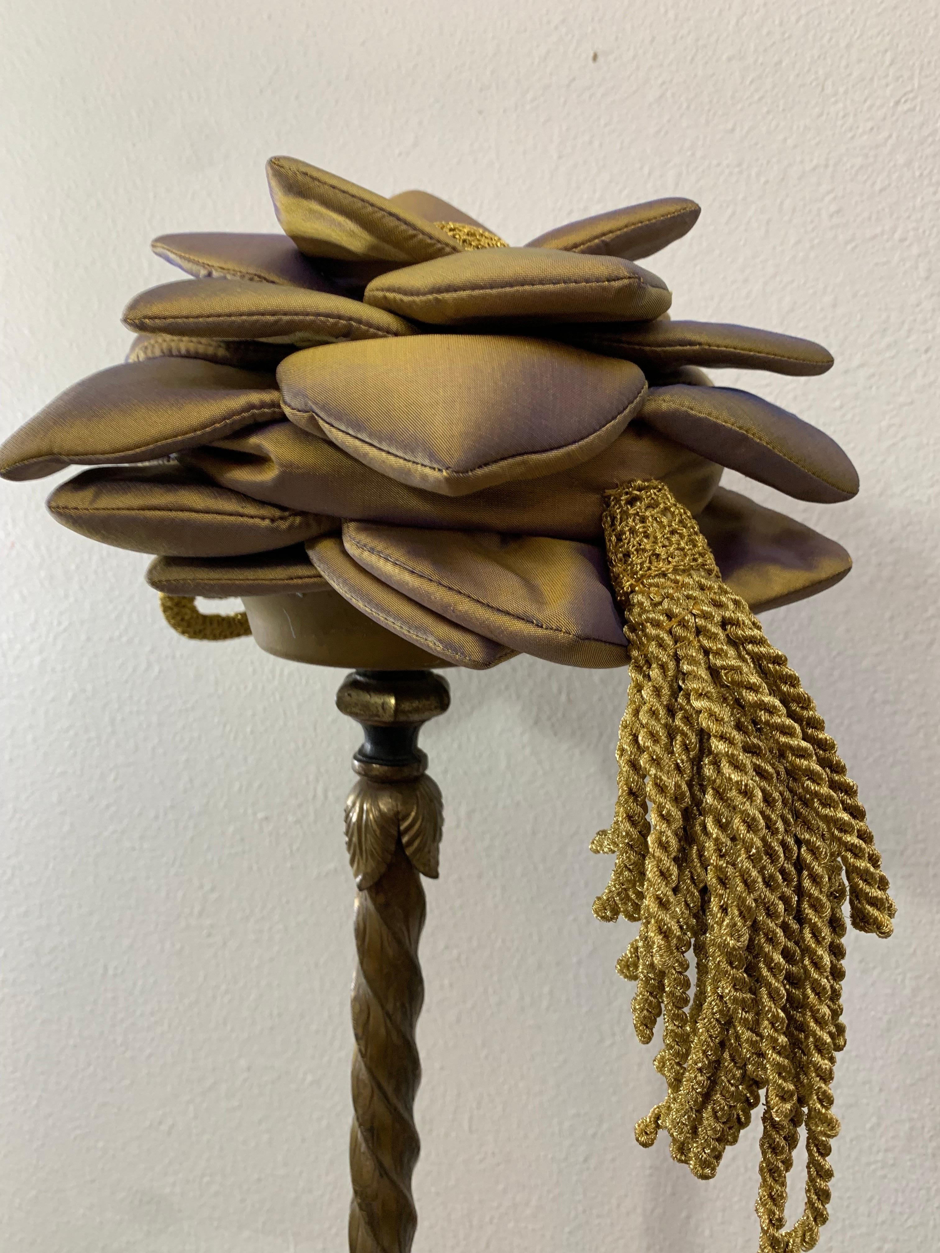 Custom-Made Gold/Purple Shimmery Silk 3-Dimensional Floral Handbag w Tassel For Sale 2