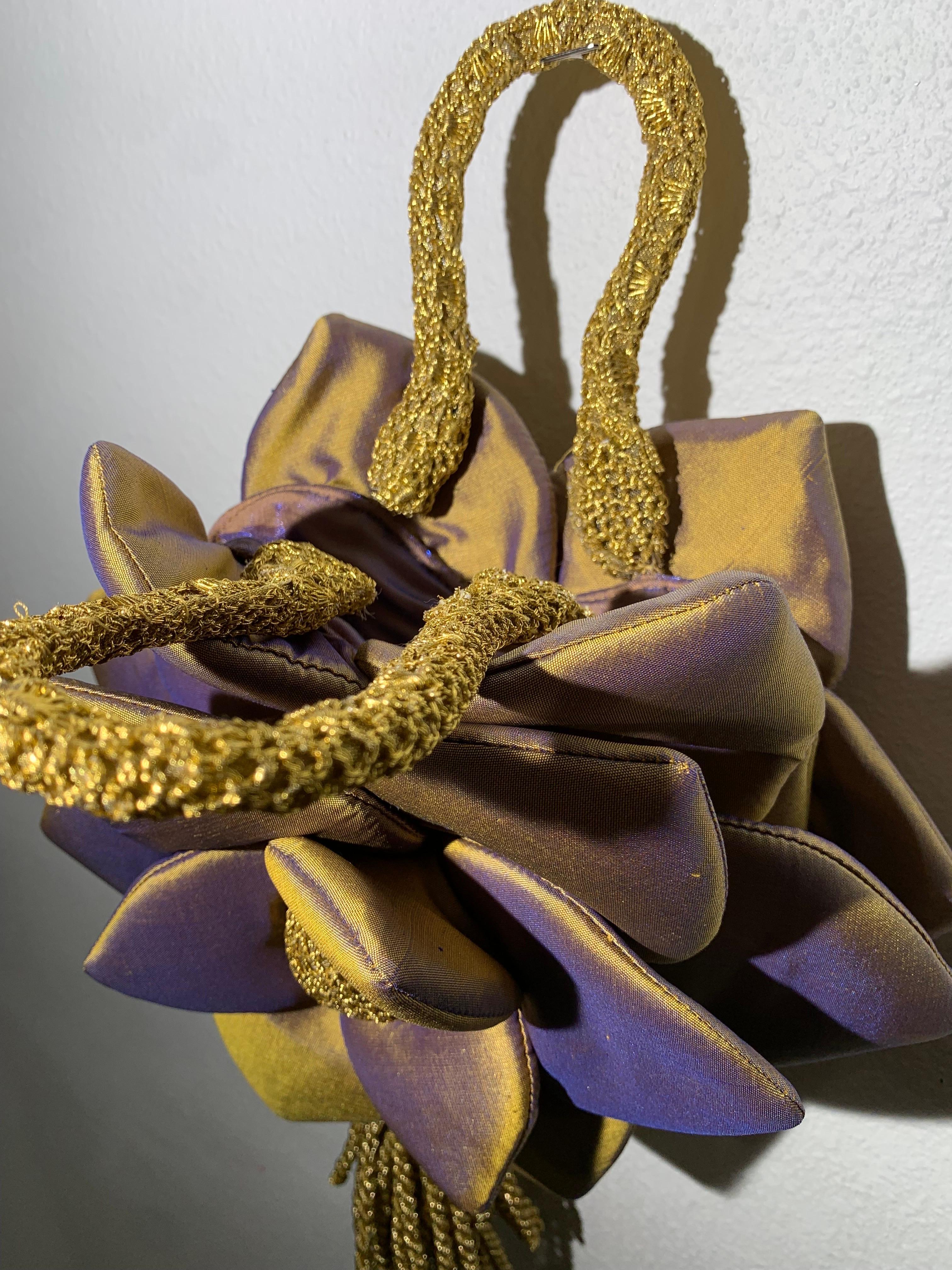 Custom-Made Gold/Purple Shimmery Silk 3-Dimensional Floral Handbag w Tassel For Sale 3