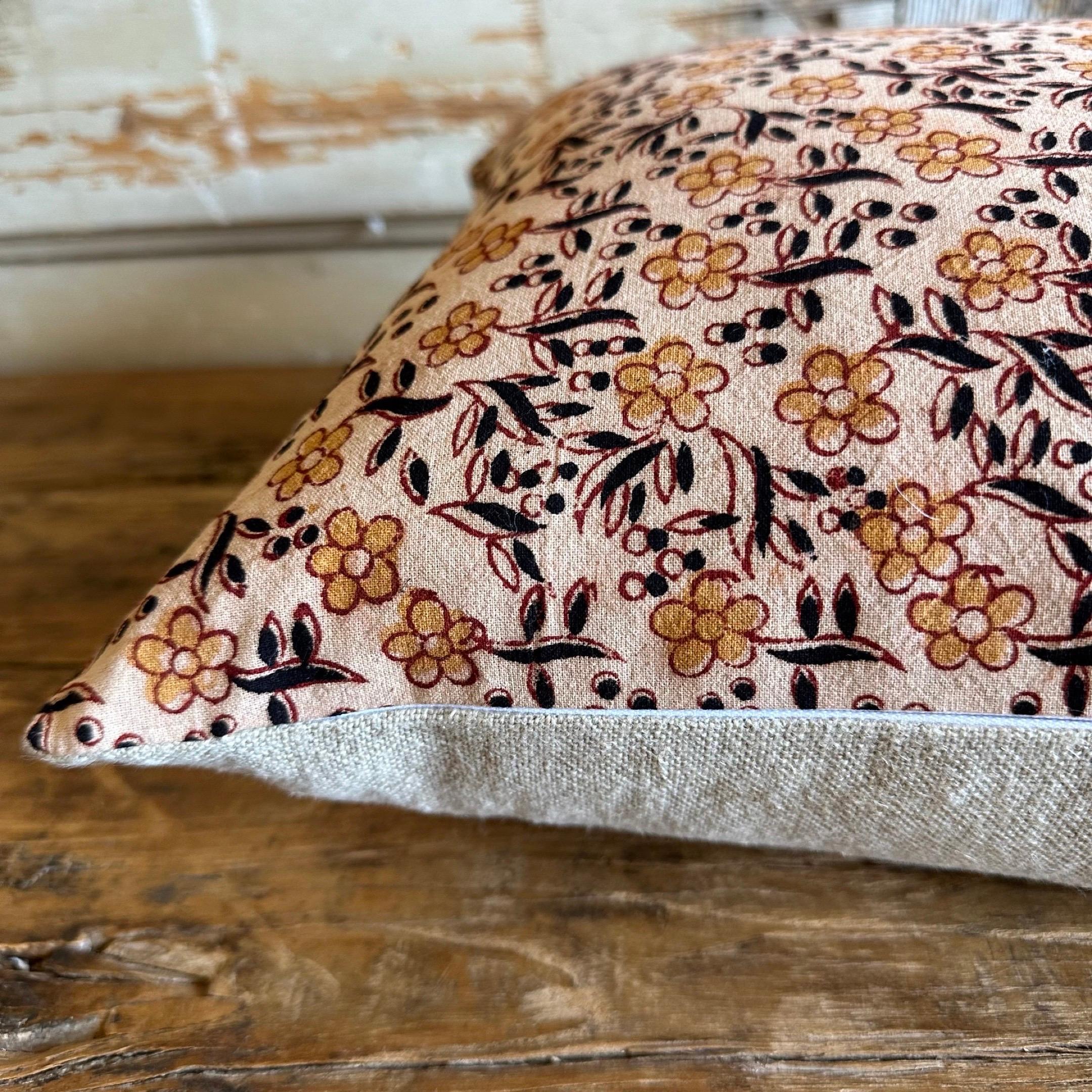 Beautifully hand block-printed pillow on hand loomed cotton fabric. Featuring a floral pattern in the mustard and coco. Fabric care: cold hand wash with mild soap, line dry. Do not tumble dry, soak or bleach. Iron at medium setting if