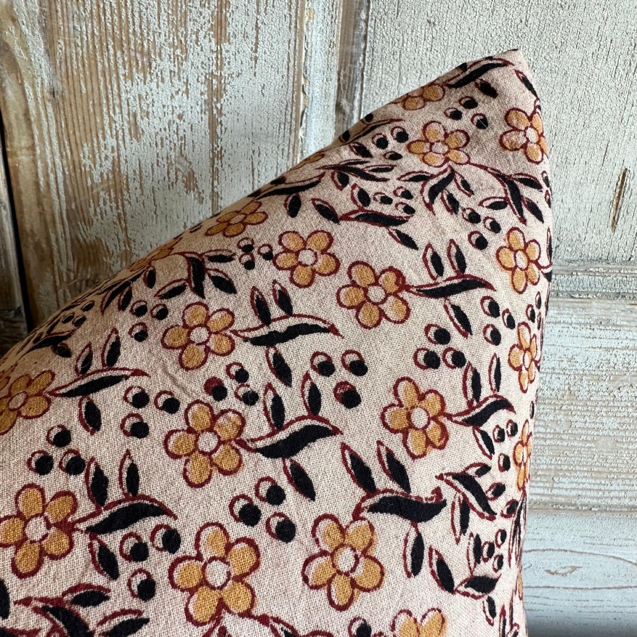 Country Custom Made Hand Blocked Floral Lumbar Pillow For Sale