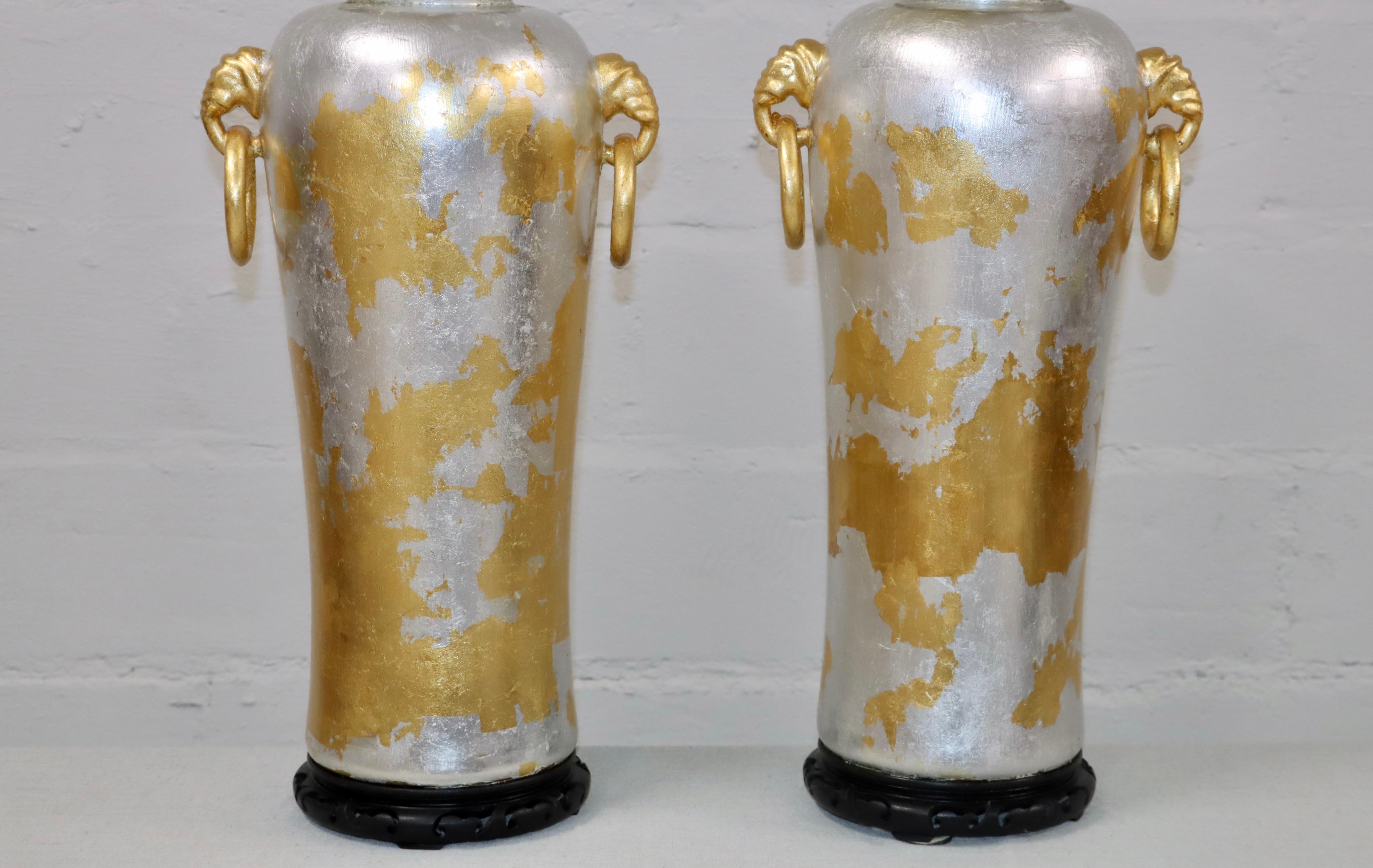 Large pair of custom made hand-painted gold and silver table with wood base and brass hardware 