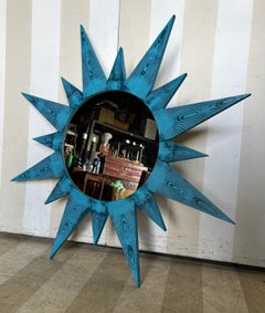 Custom made hand painted starburst mirror in absolute blue faux bois