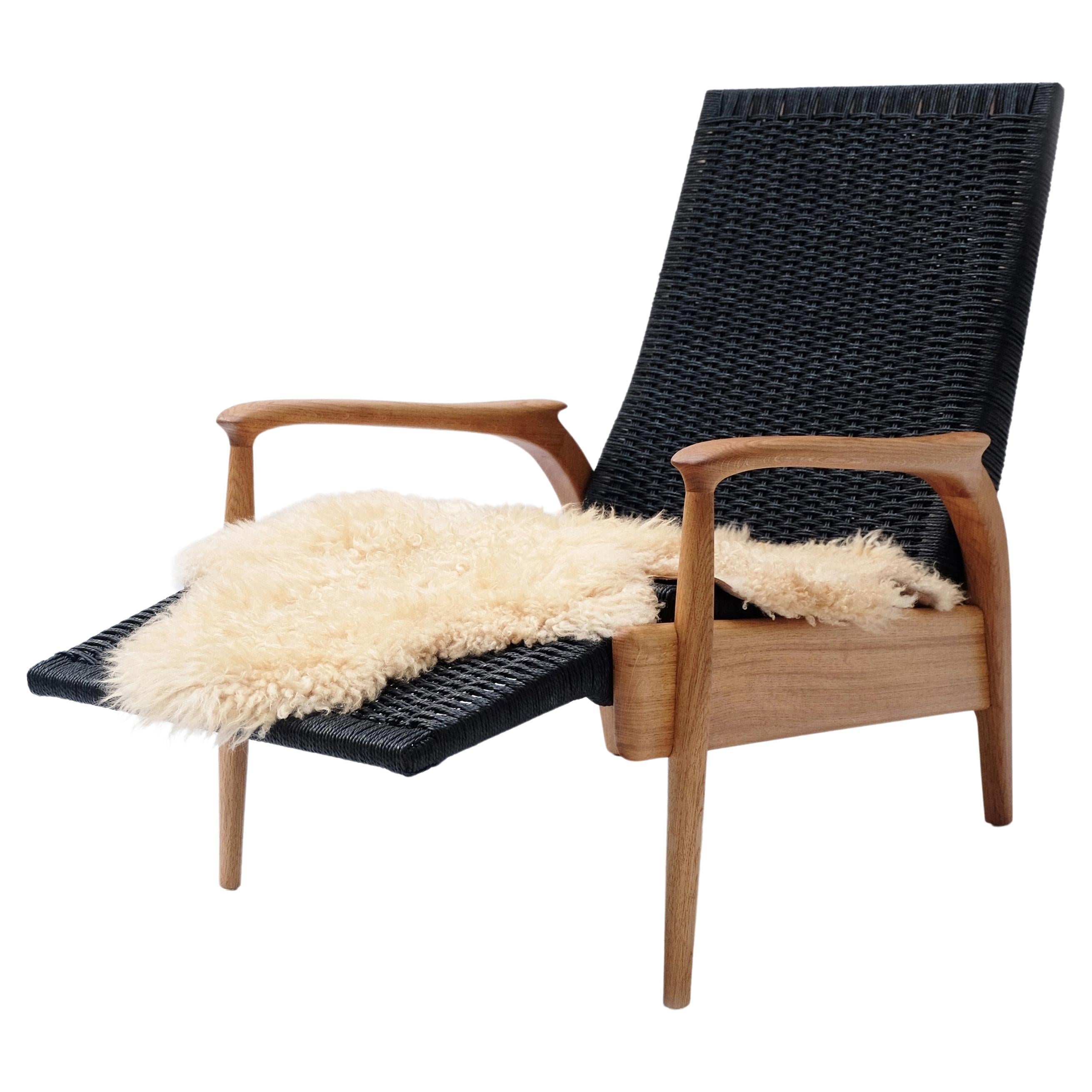 Custom-Made Handcrafted Reclining Lounge Chair in Oiled Oak& Black Danish Cord For Sale