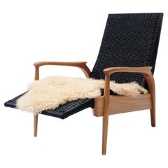 Custom-Made Handcrafted Reclining Lounge Chair in Oiled Oak& Black Danish Cord