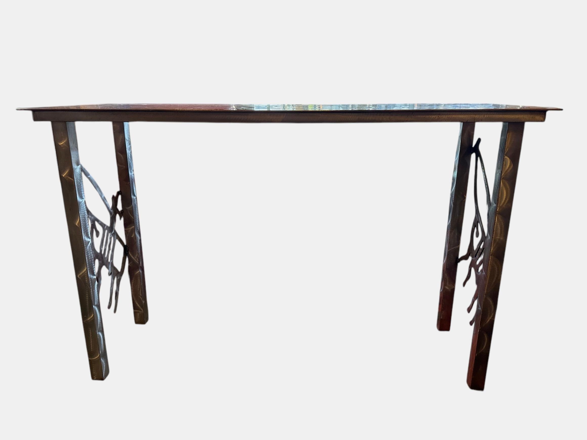levate your space with the bold, industrial charm of our 1 Of 1 Custom Made Frank Seckler Signed Metal Console. Expertly crafted by skilled artisans, each console is meticulously cut and shaped by hand, ensuring a one-of-a-kind piece that reflects