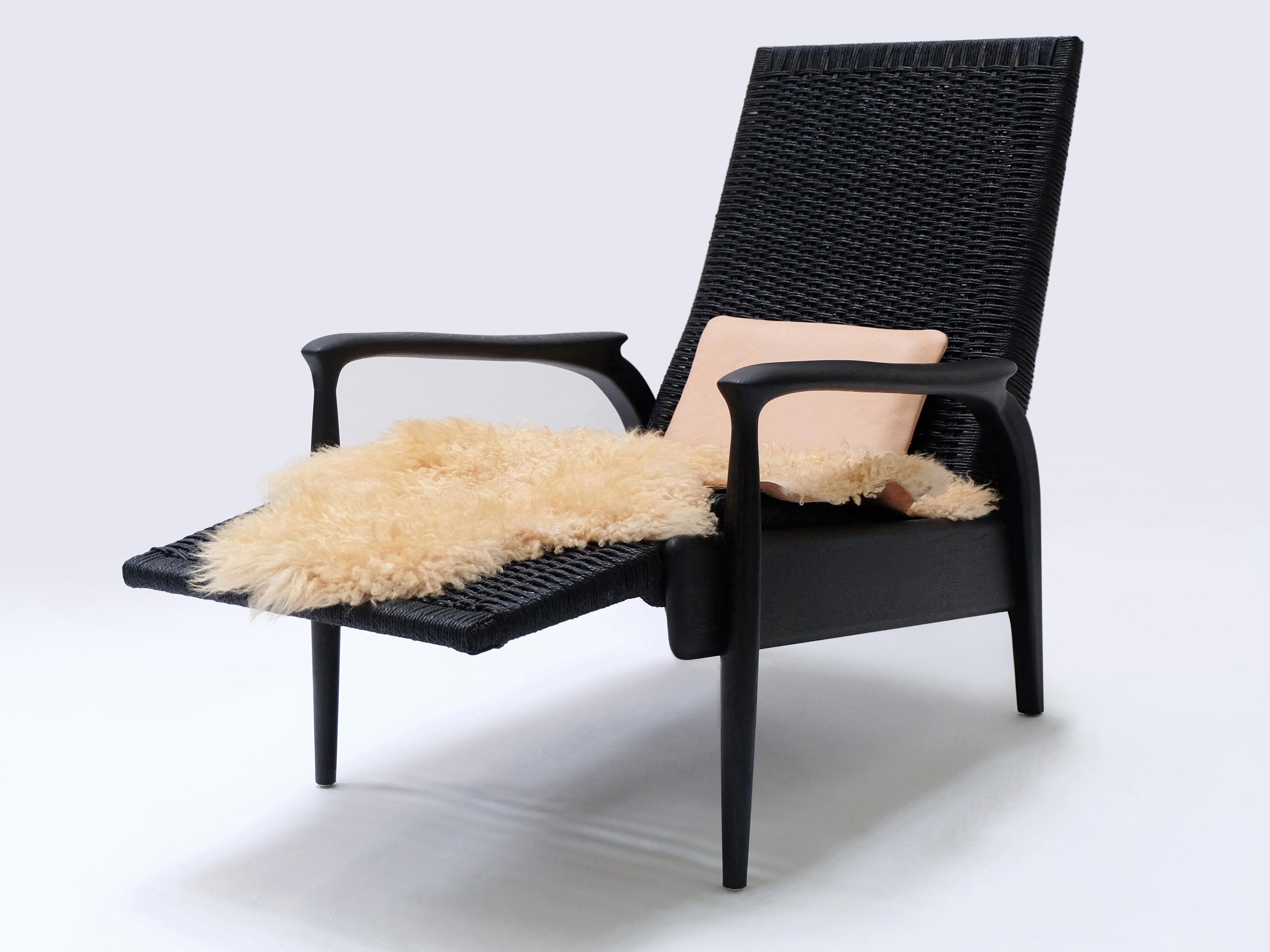 Custom-Made Handwoven Reclining Lounge Chair in Blackened Oak& Black Danish Cord For Sale 2