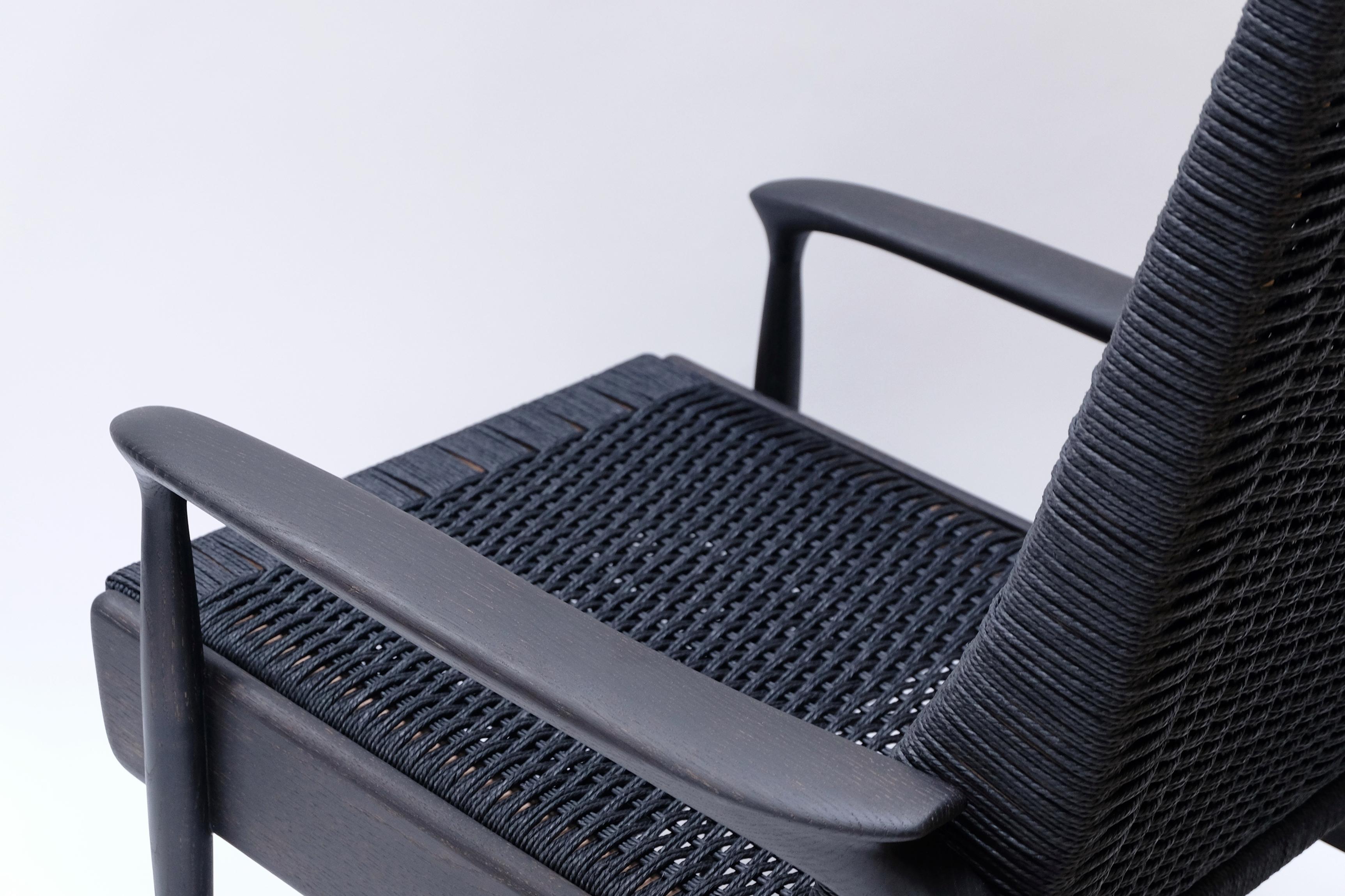 Scandinavian Modern Custom-Made Handwoven Reclining Lounge Chair in Blackened Oak& Black Danish Cord For Sale