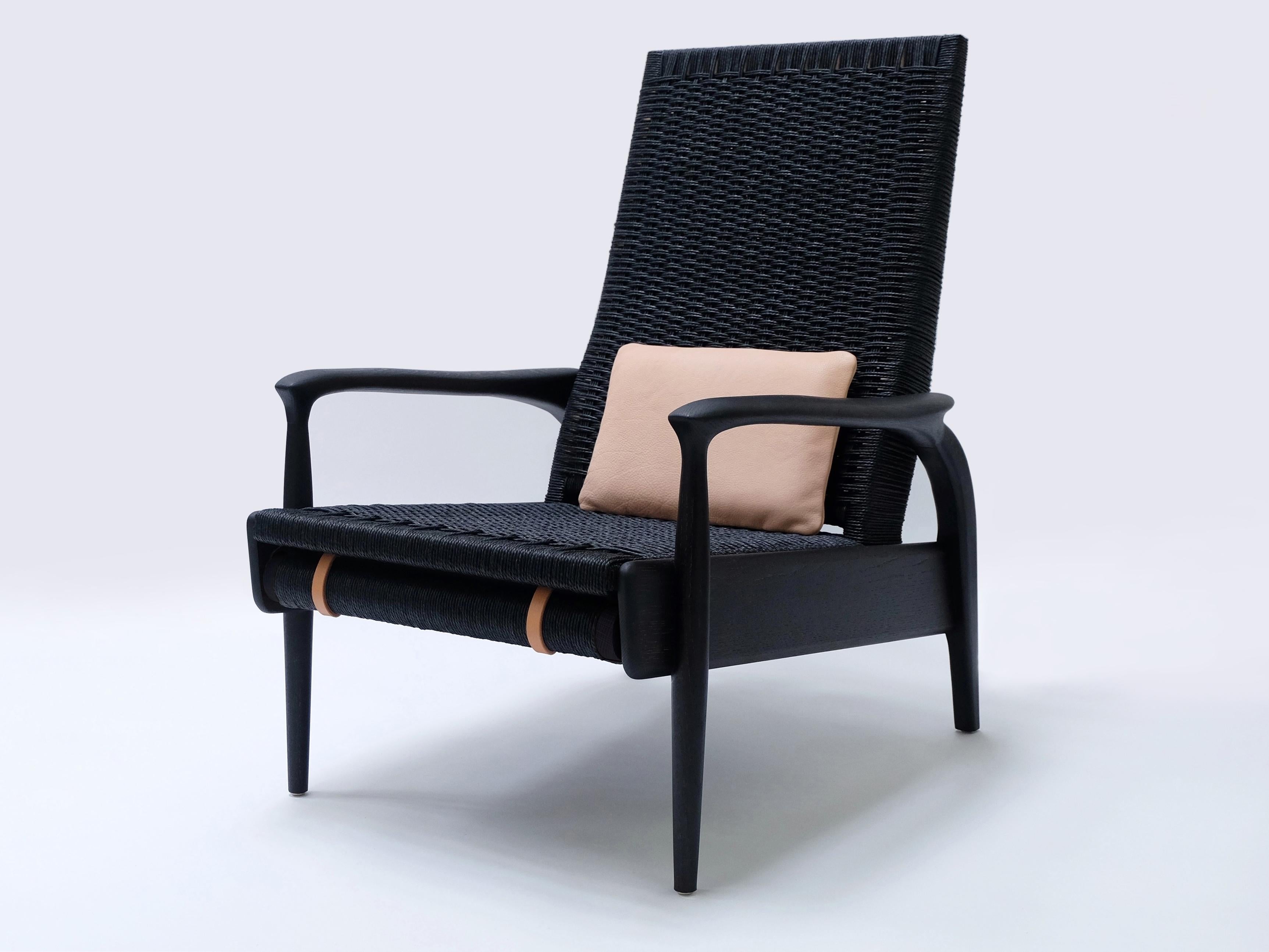 English Custom-Made Handwoven Reclining Lounge Chair in Blackened Oak& Black Danish Cord For Sale