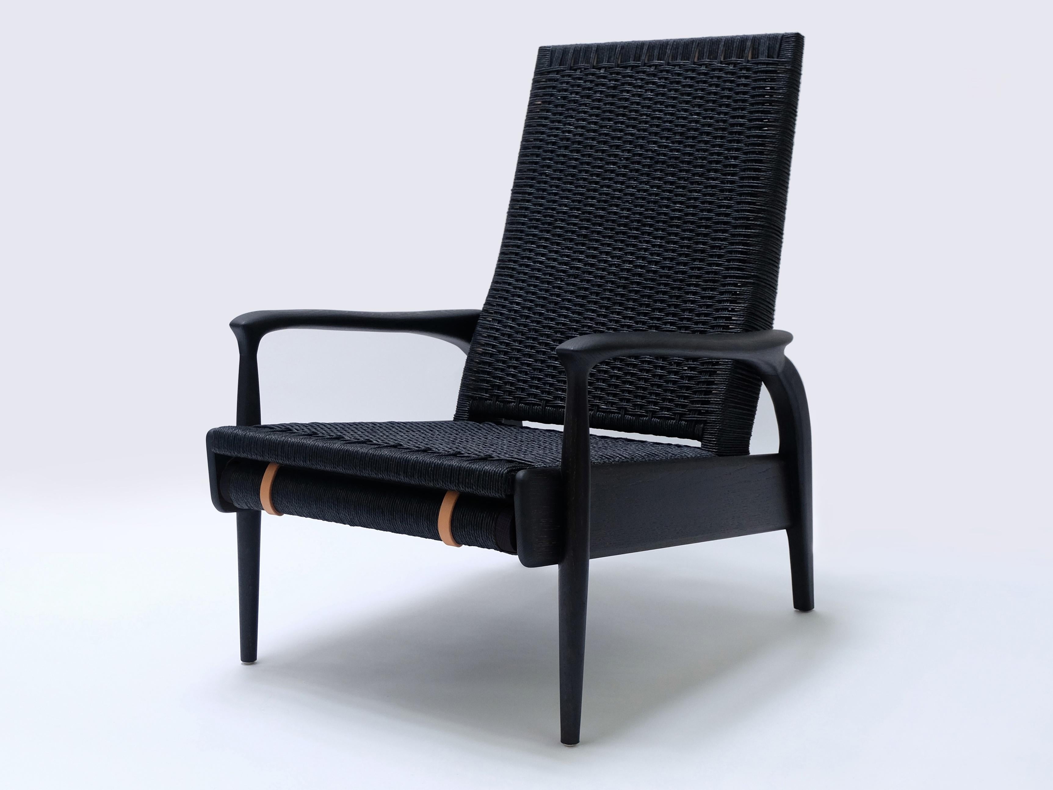 Turned Custom-Made Handwoven Reclining Lounge Chair in Blackened Oak& Black Danish Cord For Sale