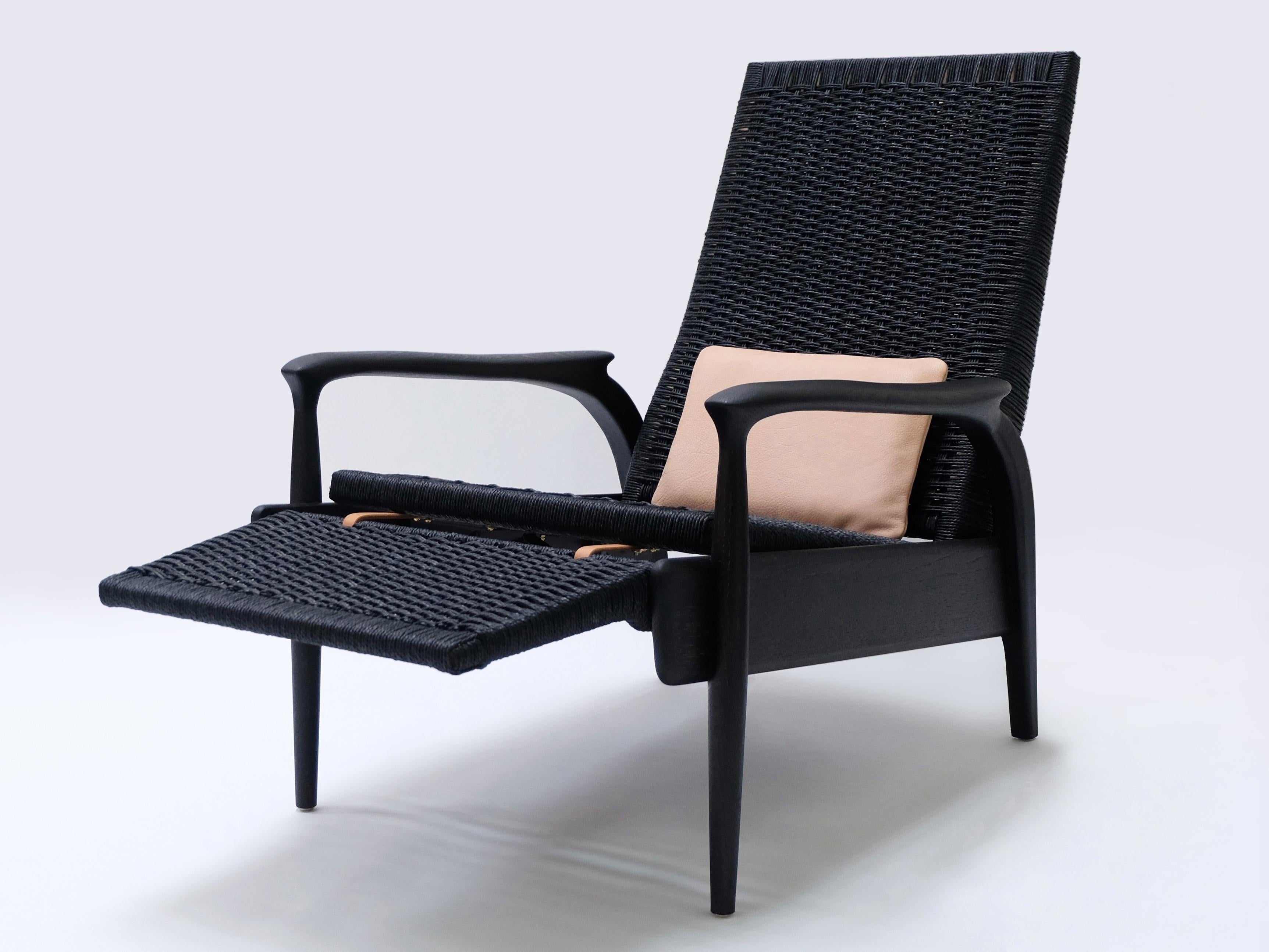 Contemporary Custom-Made Handwoven Reclining Lounge Chair in Blackened Oak& Black Danish Cord For Sale