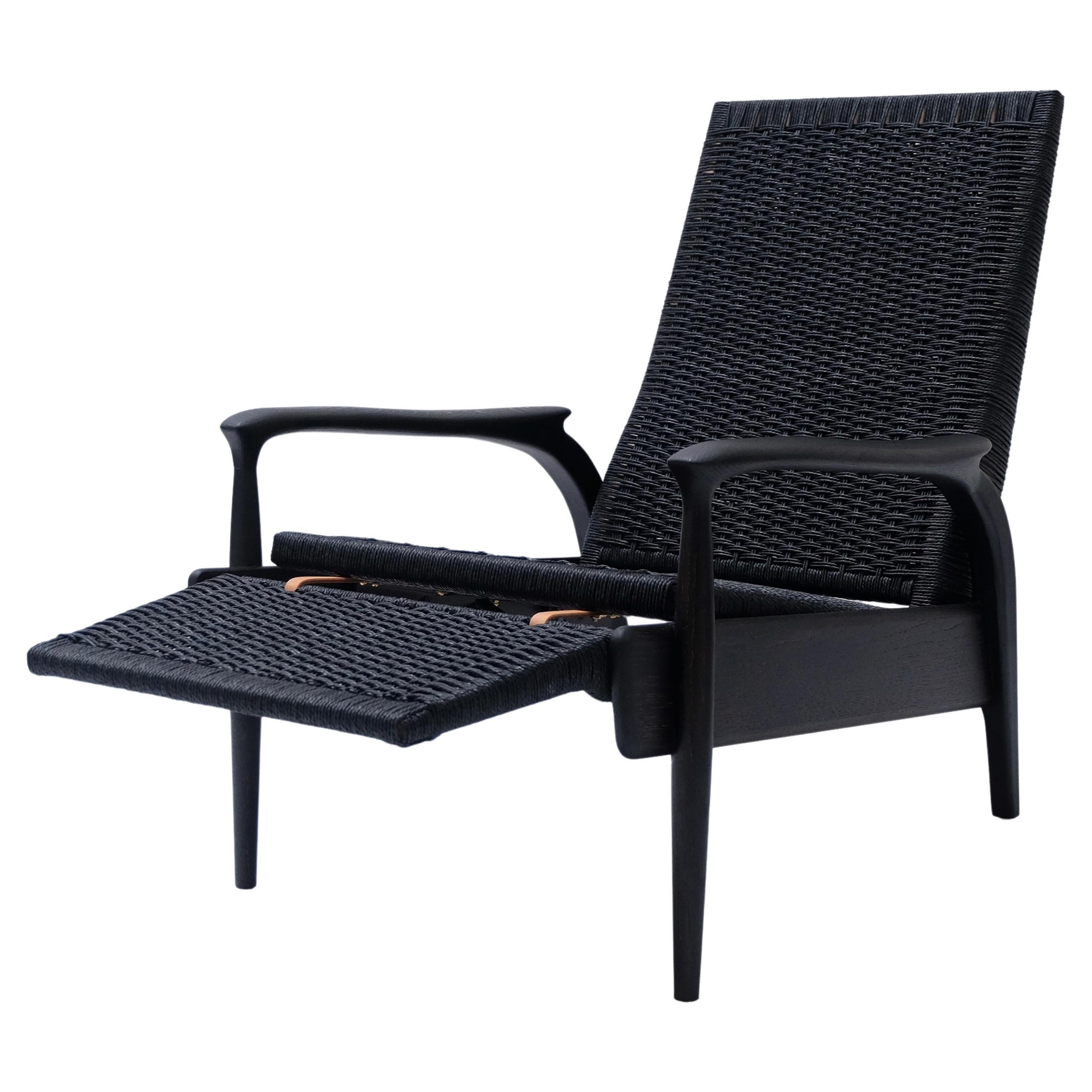 Custom-Made Handwoven Reclining Lounge Chair in Blackened Oak& Black Danish Cord For Sale