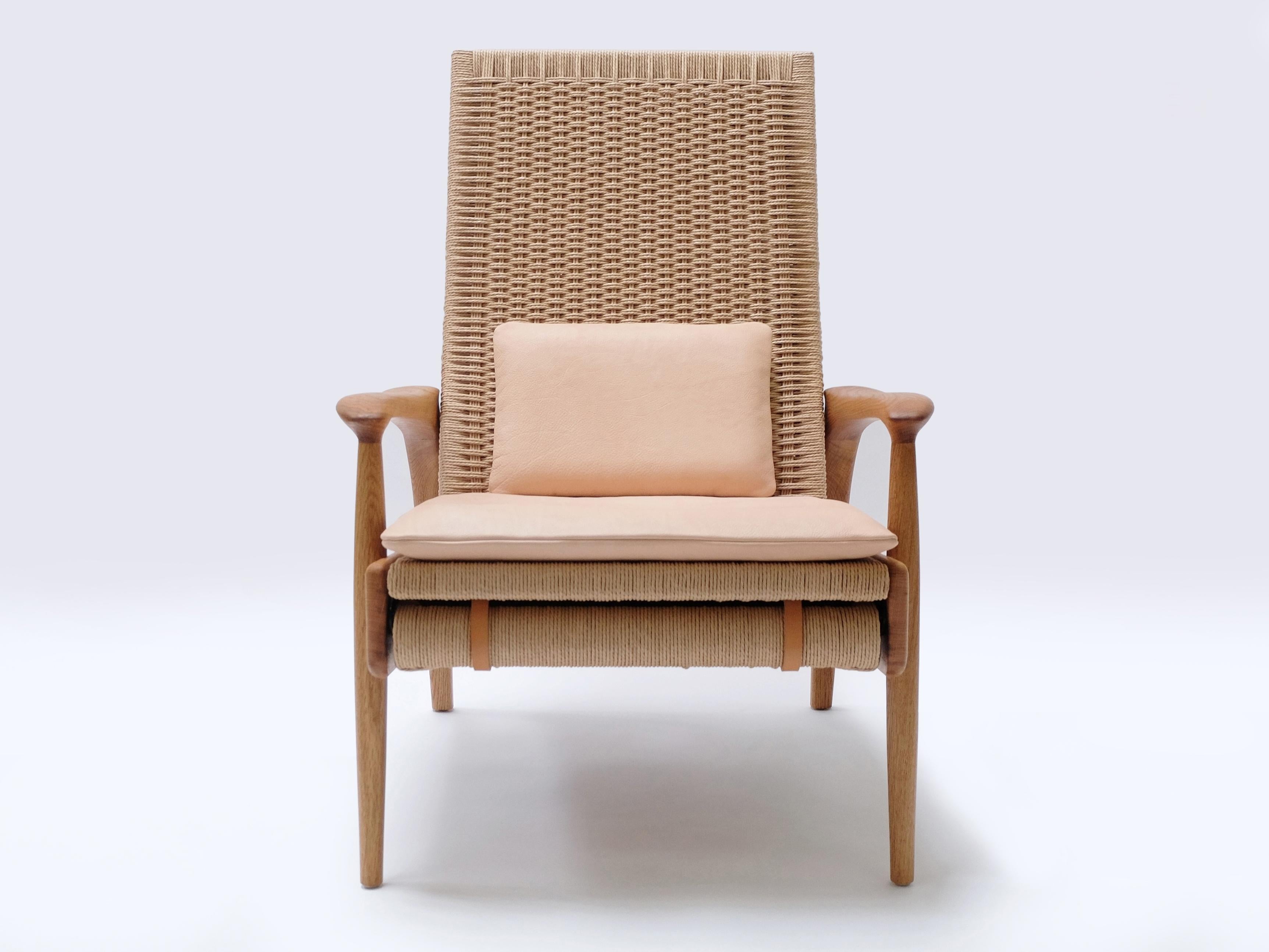 Brass Custom-Made Handwoven Reclining Lounge Chair in Solid Oak& Natural Danish Cord For Sale