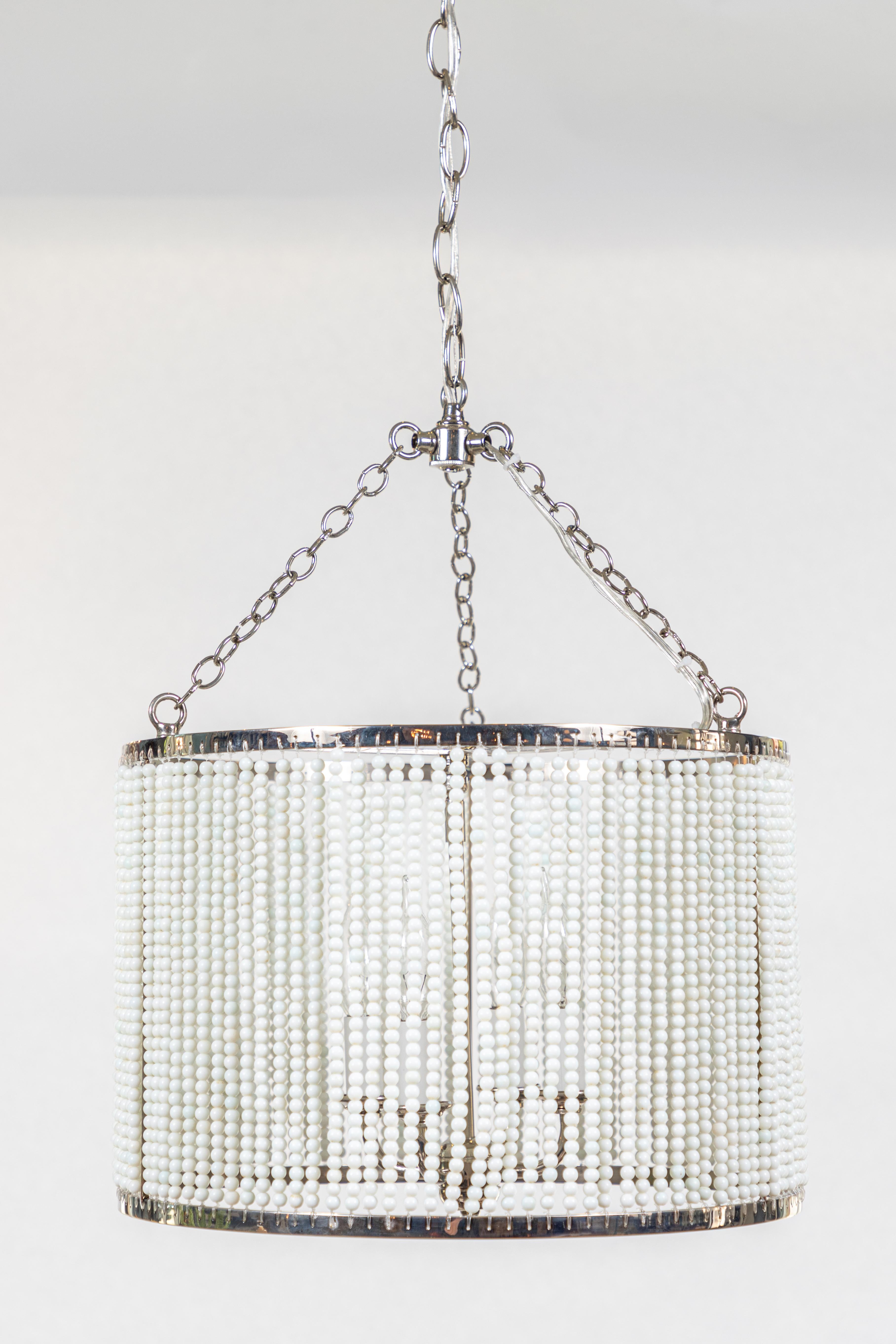 Nickel Custom Made Hanging Drum Pendant Light with Strung White Glass Bead Detailing