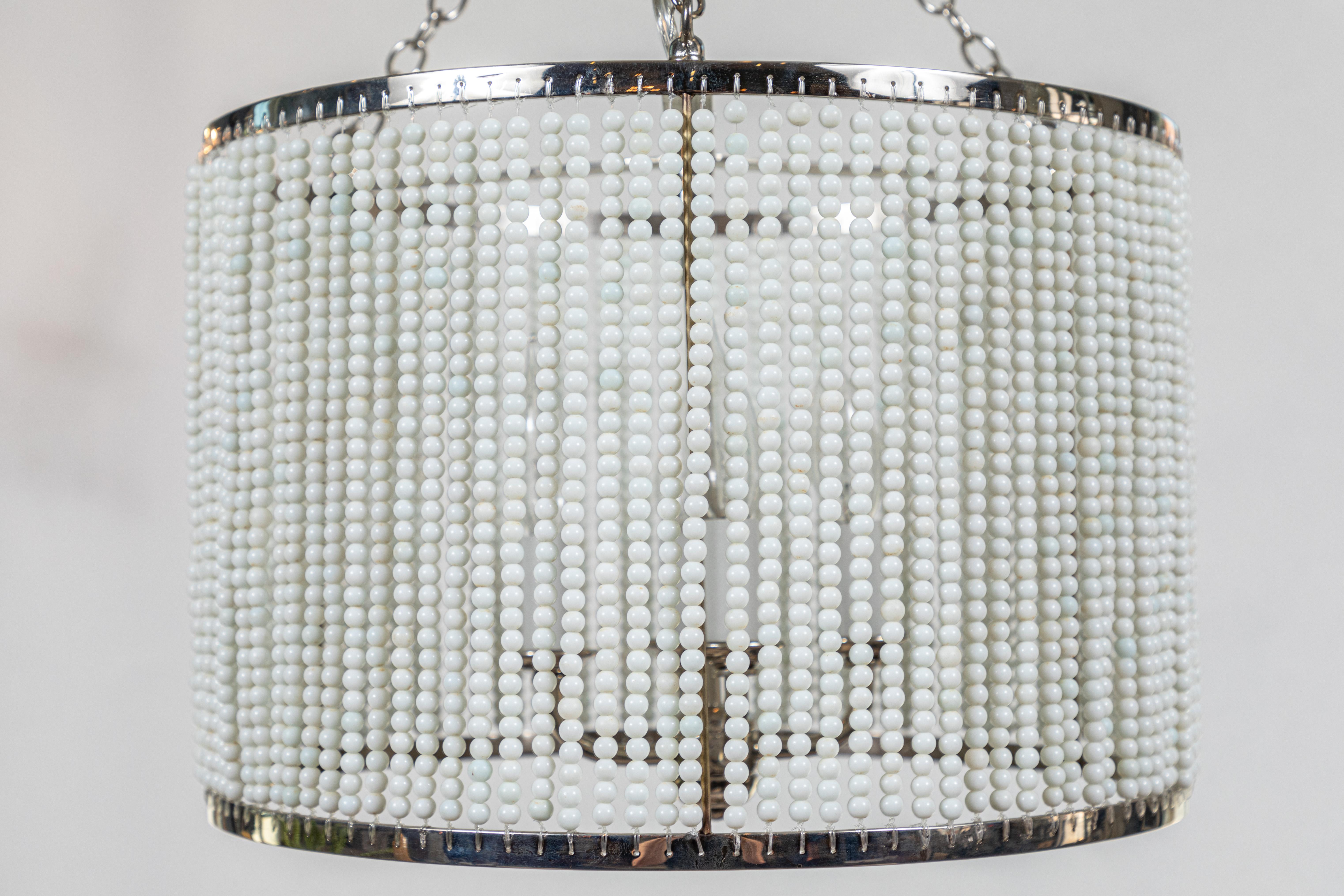 American Custom Made Hanging Drum Pendant Light with Strung White Glass Bead Detailing