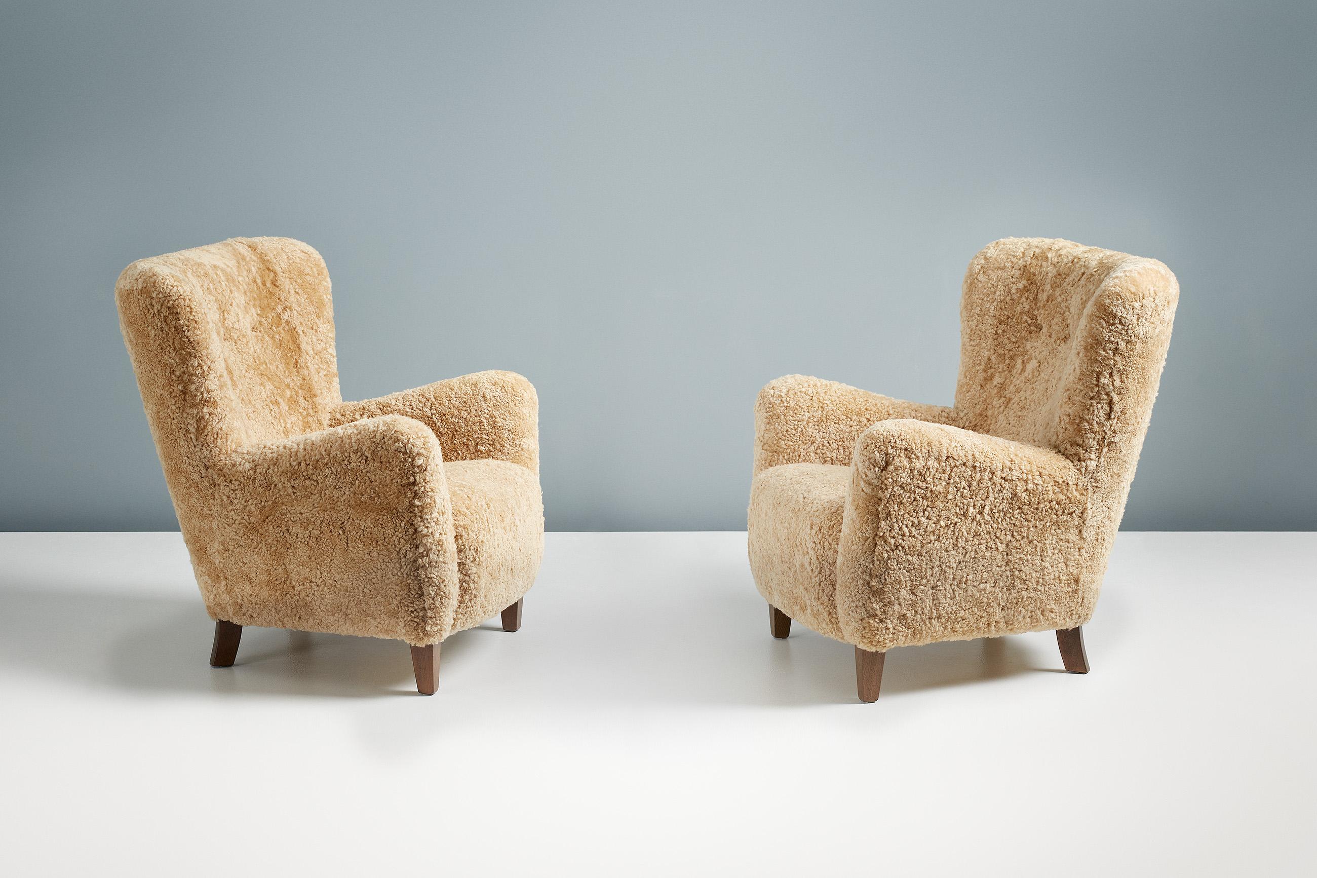 Custom Made Honey Sheepskin Lounge Chairs For Sale 4