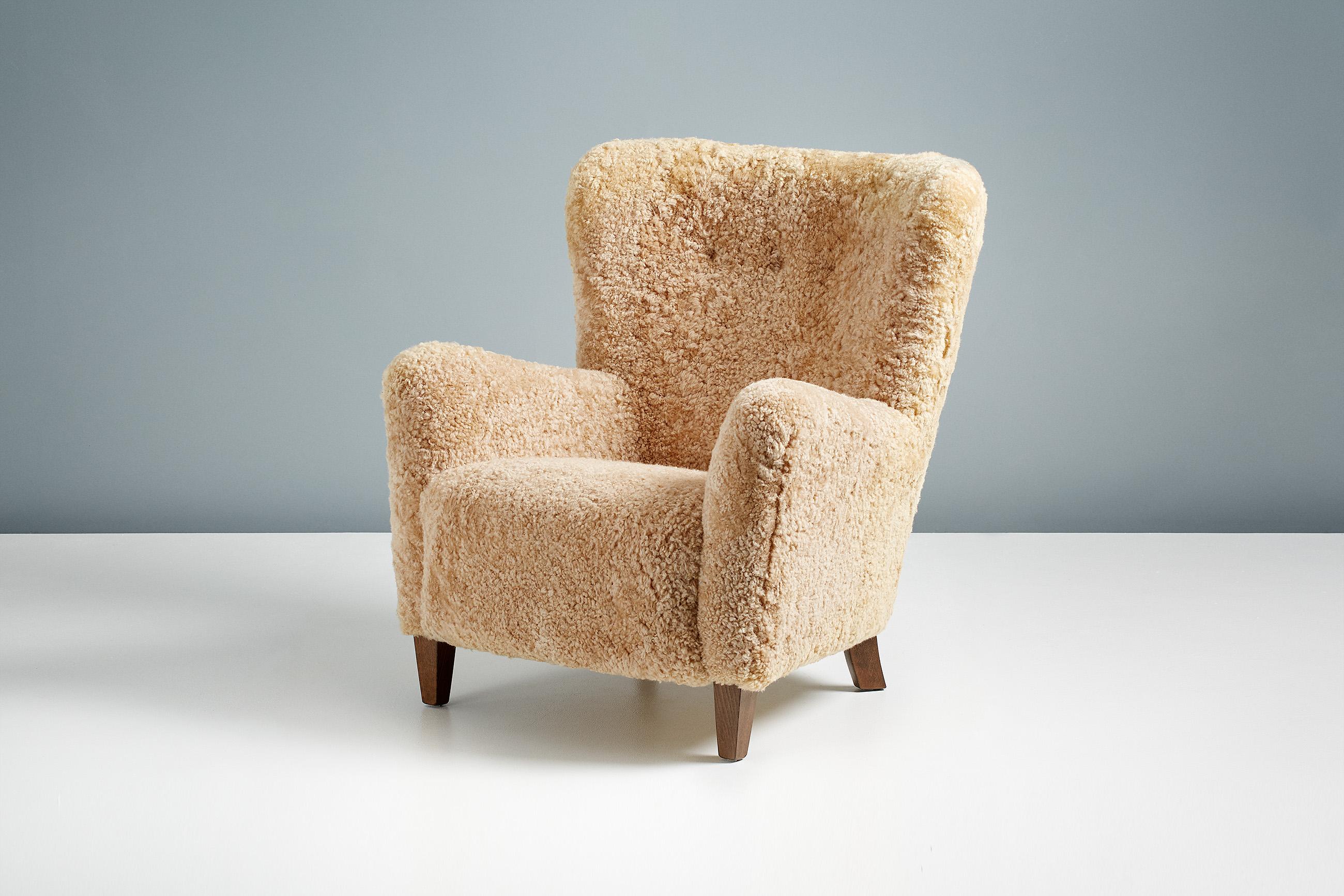 British Custom Made Honey Sheepskin Lounge Chairs For Sale