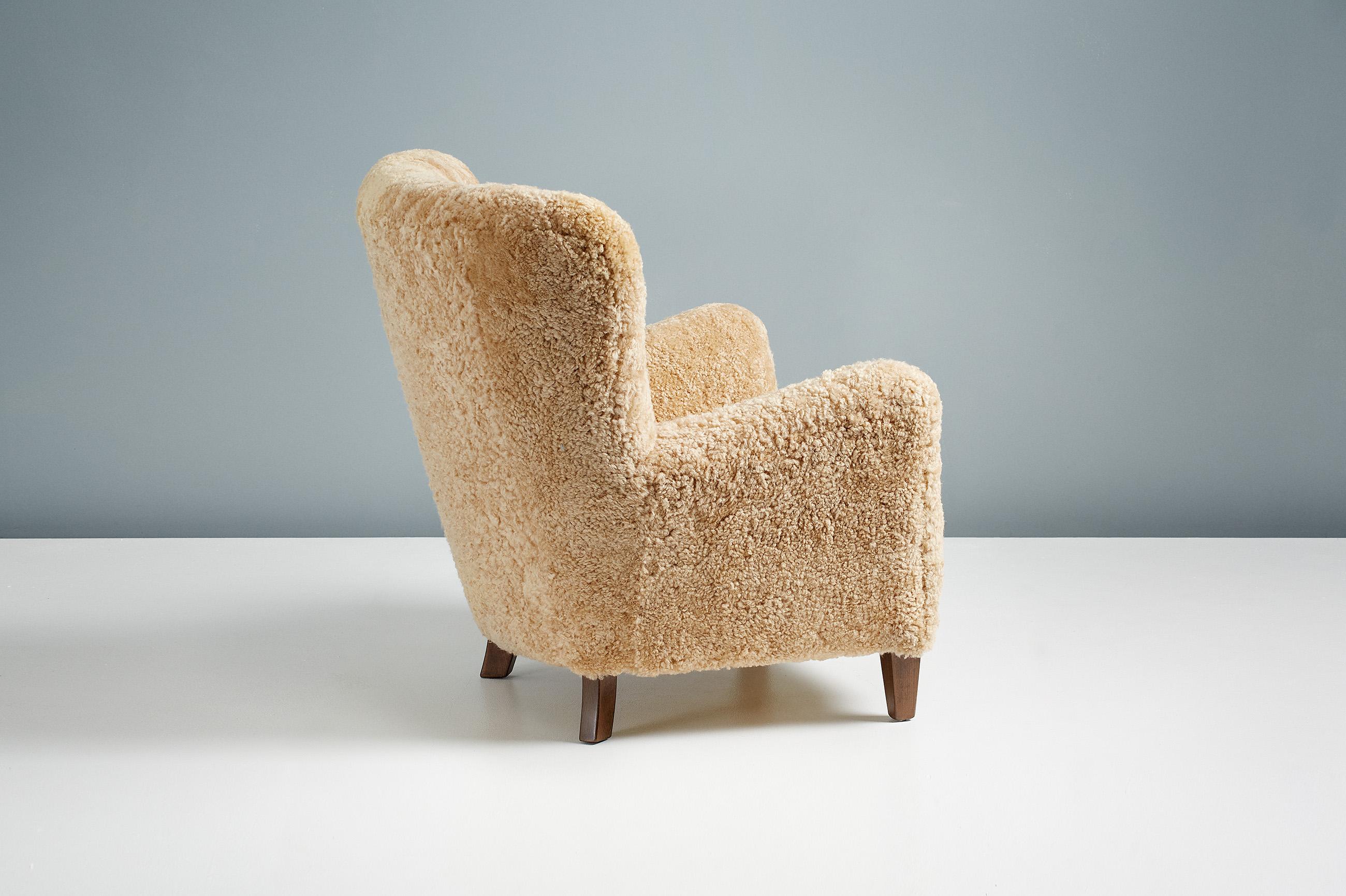 British Custom Made Honey Sheepskin Lounge Chair For Sale