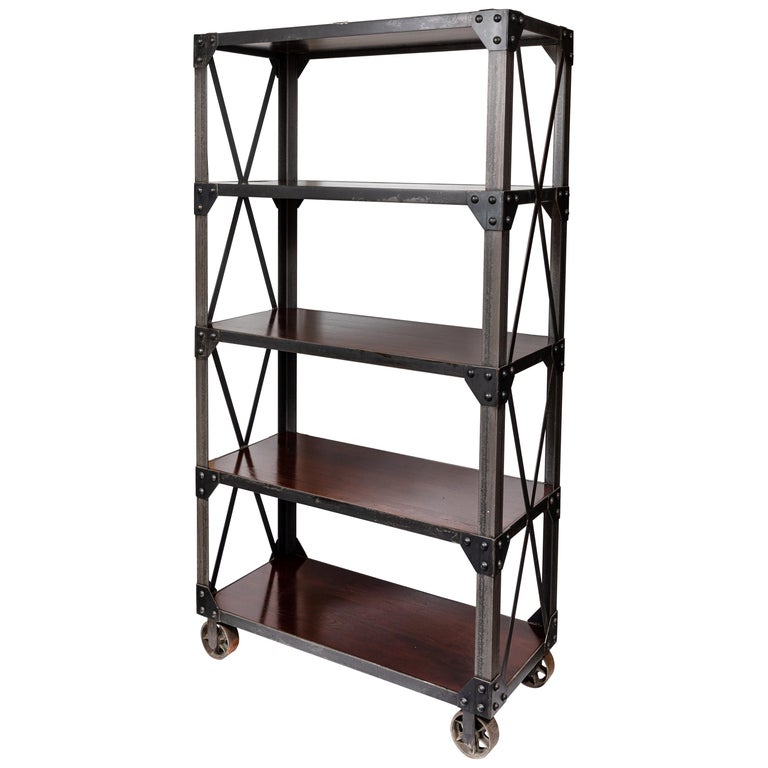 Custom Made Industrial Iron and Walnut Shelving Unit at 1stDibs