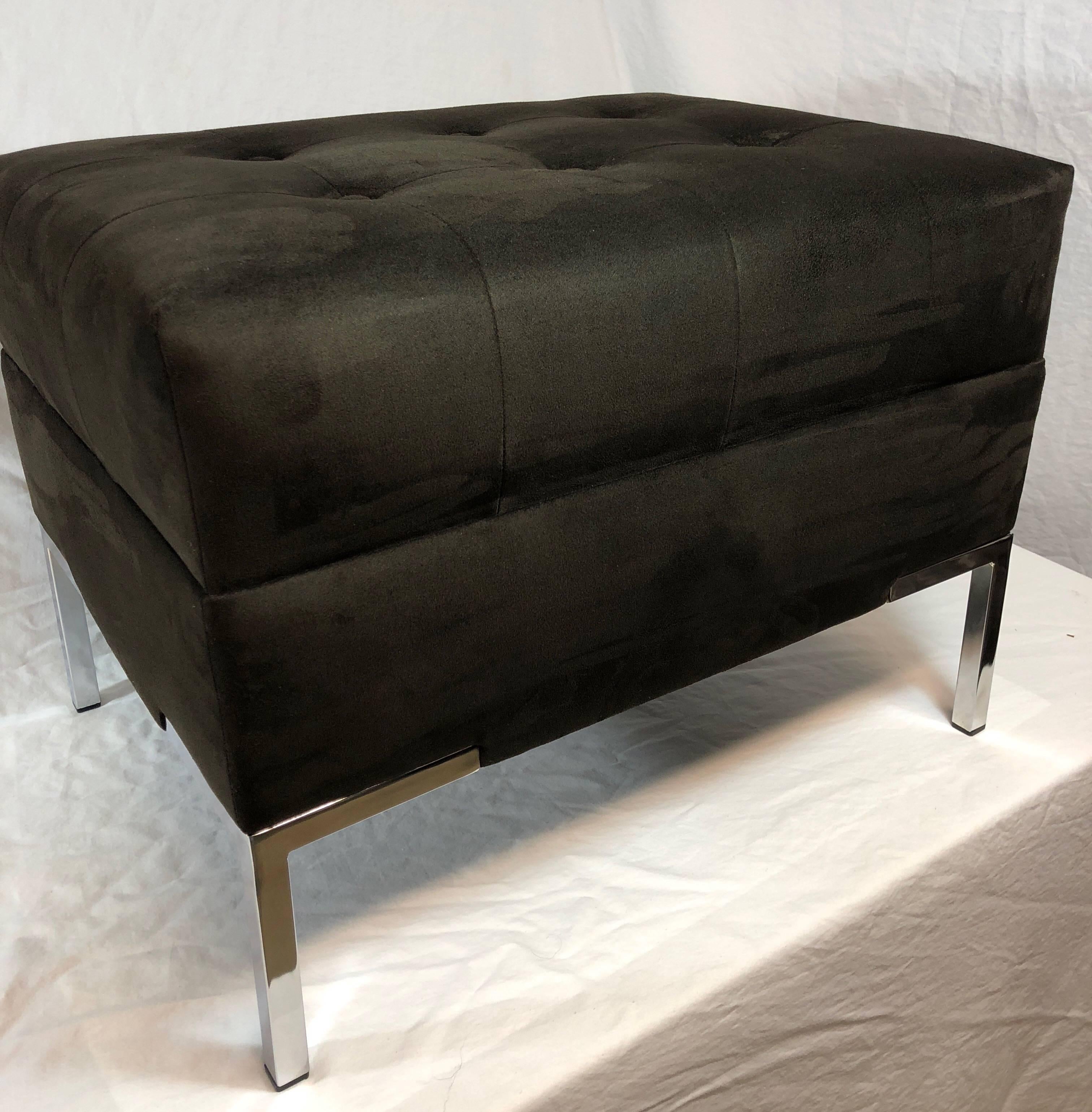 Custom upholstered integrated leg velvet bench. Shown is rich chocolate brown velvet, with buttons and seaming. Available in any size custom made to order COM / COL. Legs can be brass, nickel, chrome or any powder coat color. Can be bought in pairs