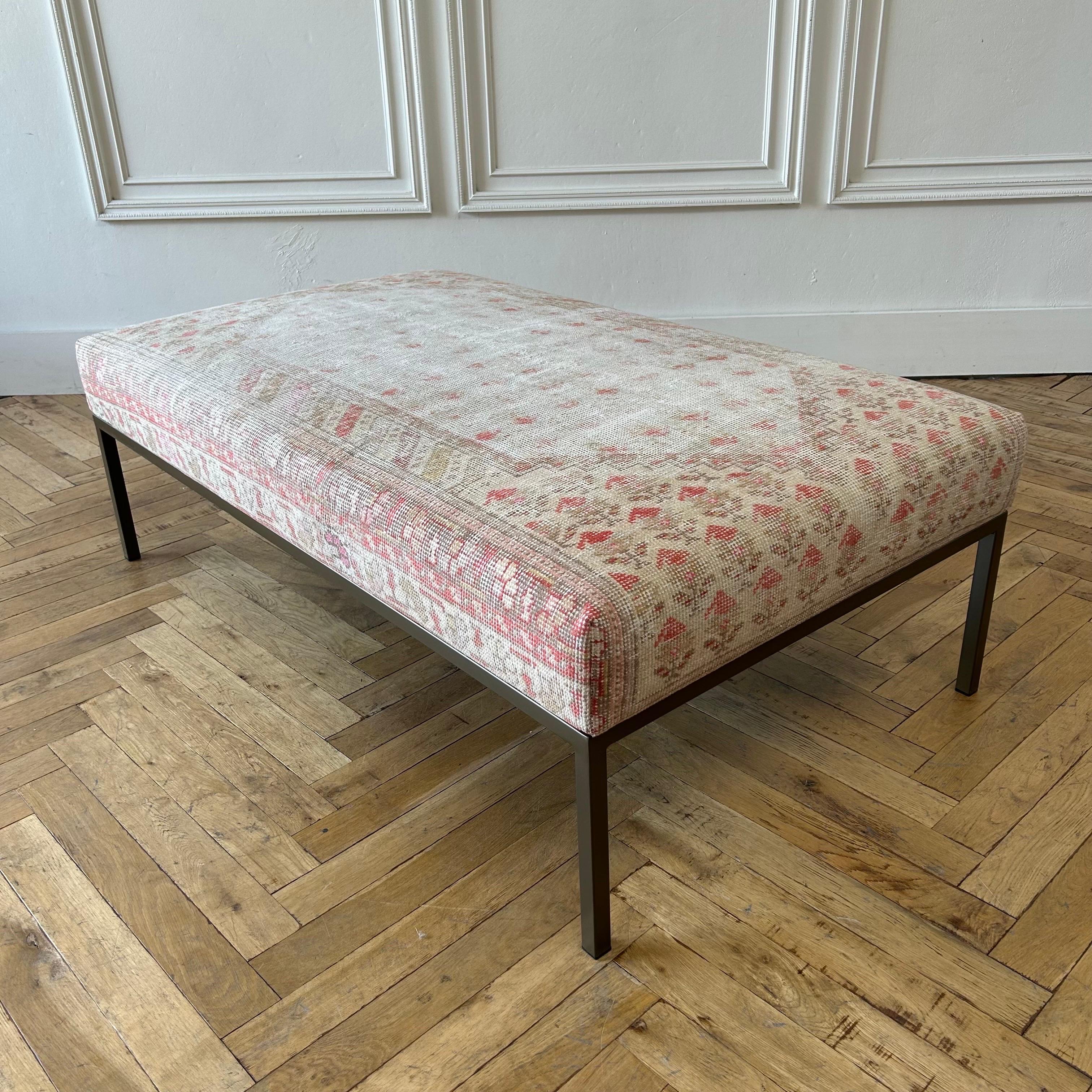 American Custom Made Iron Base Upholstered Ottoman or Bench from Vintage Turkish Rug For Sale