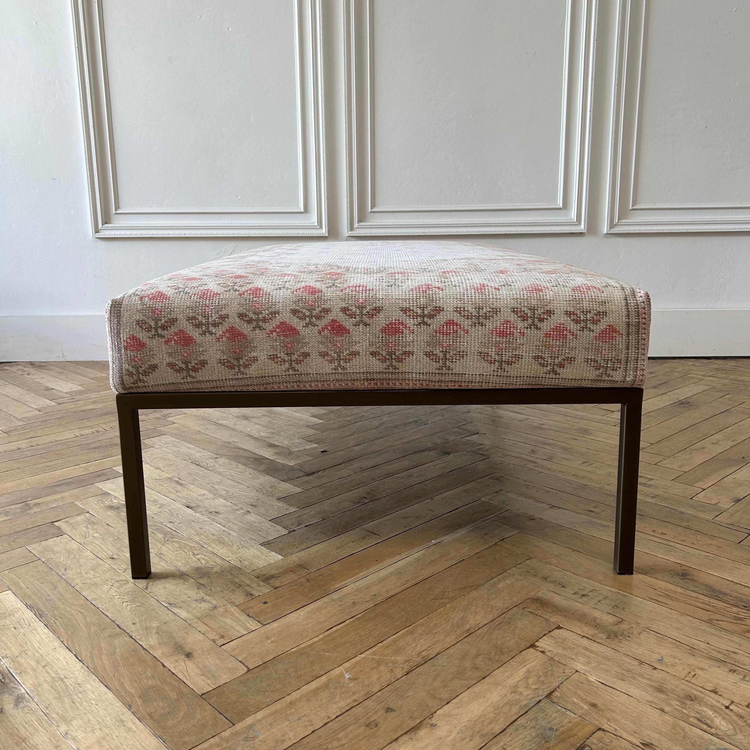 Contemporary Custom Made Iron Base Upholstered Ottoman or Bench from Vintage Turkish Rug For Sale