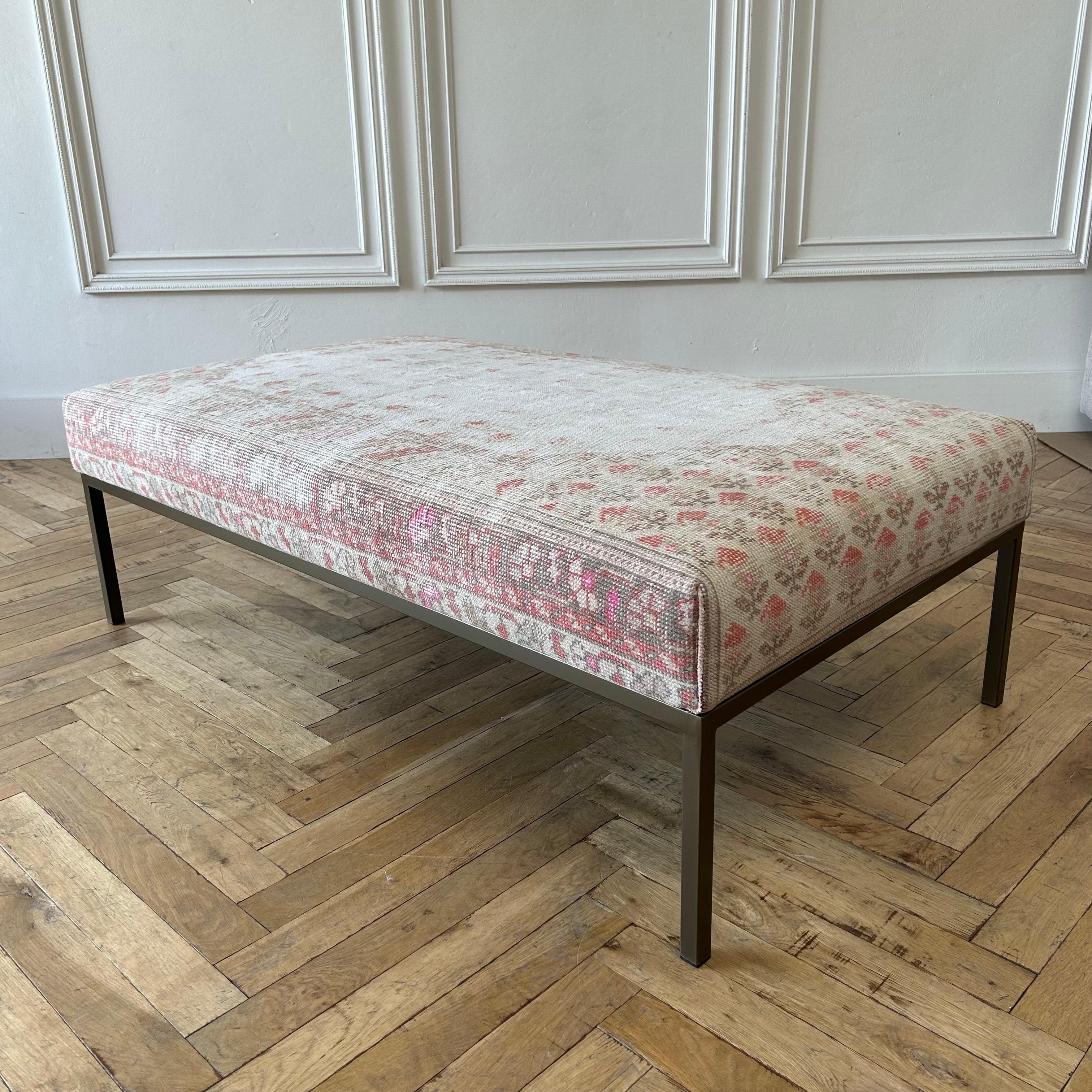 Custom Made Iron Base Upholstered Ottoman or Bench from Vintage Turkish Rug For Sale 1