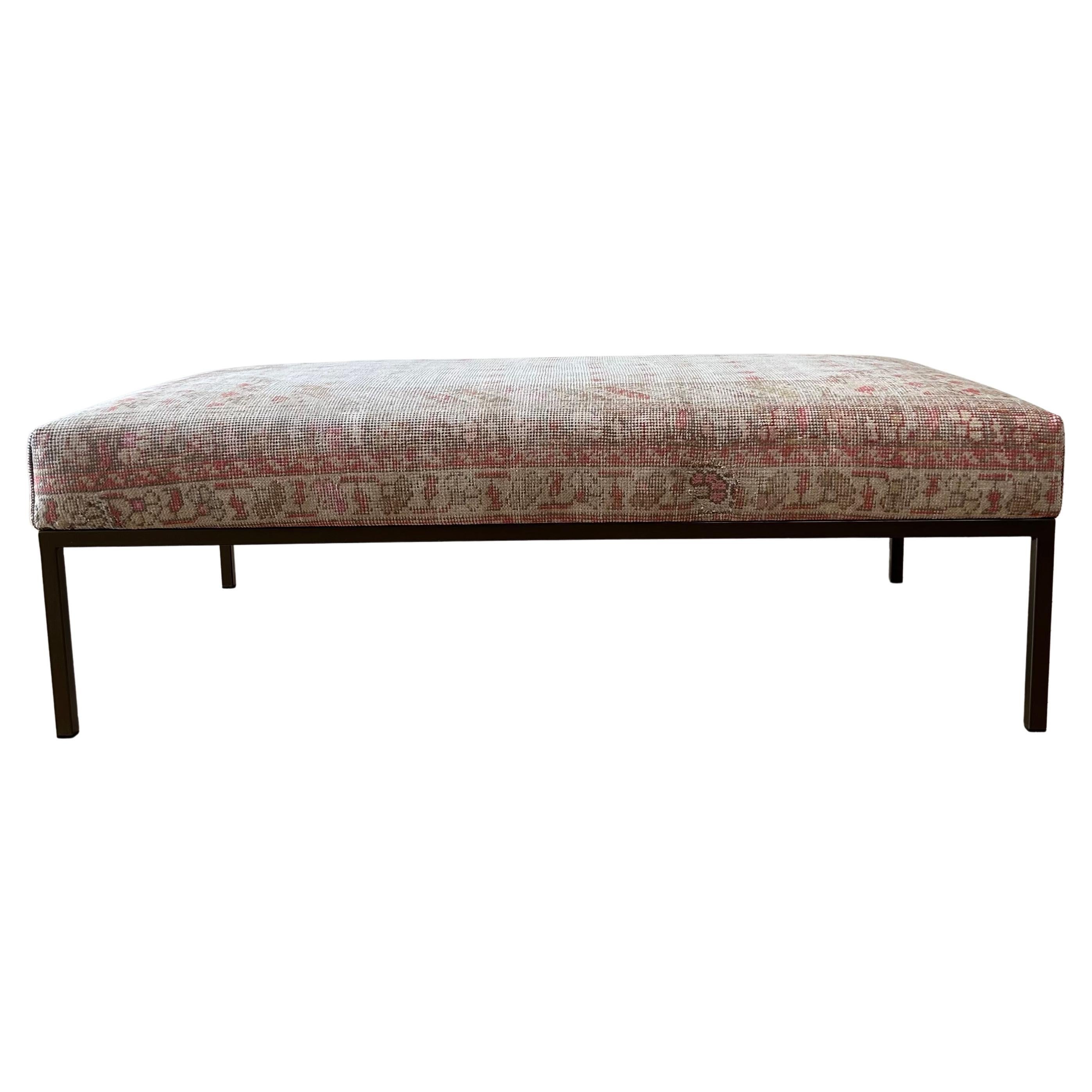 Custom Made Iron Base Upholstered Ottoman or Bench from Vintage Turkish Rug For Sale